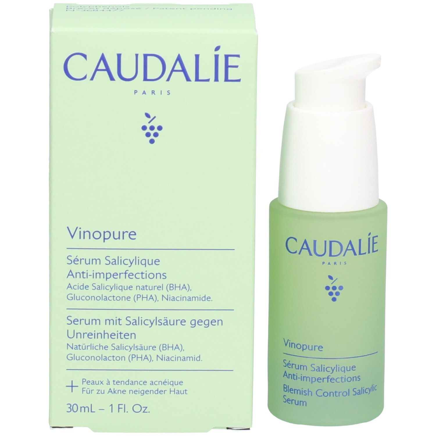 Produktflasche und Schachtel. Grüne Flasche mit weißem Pumpkopf. CAUDALIE-Logo und Produktname Vinopure.
