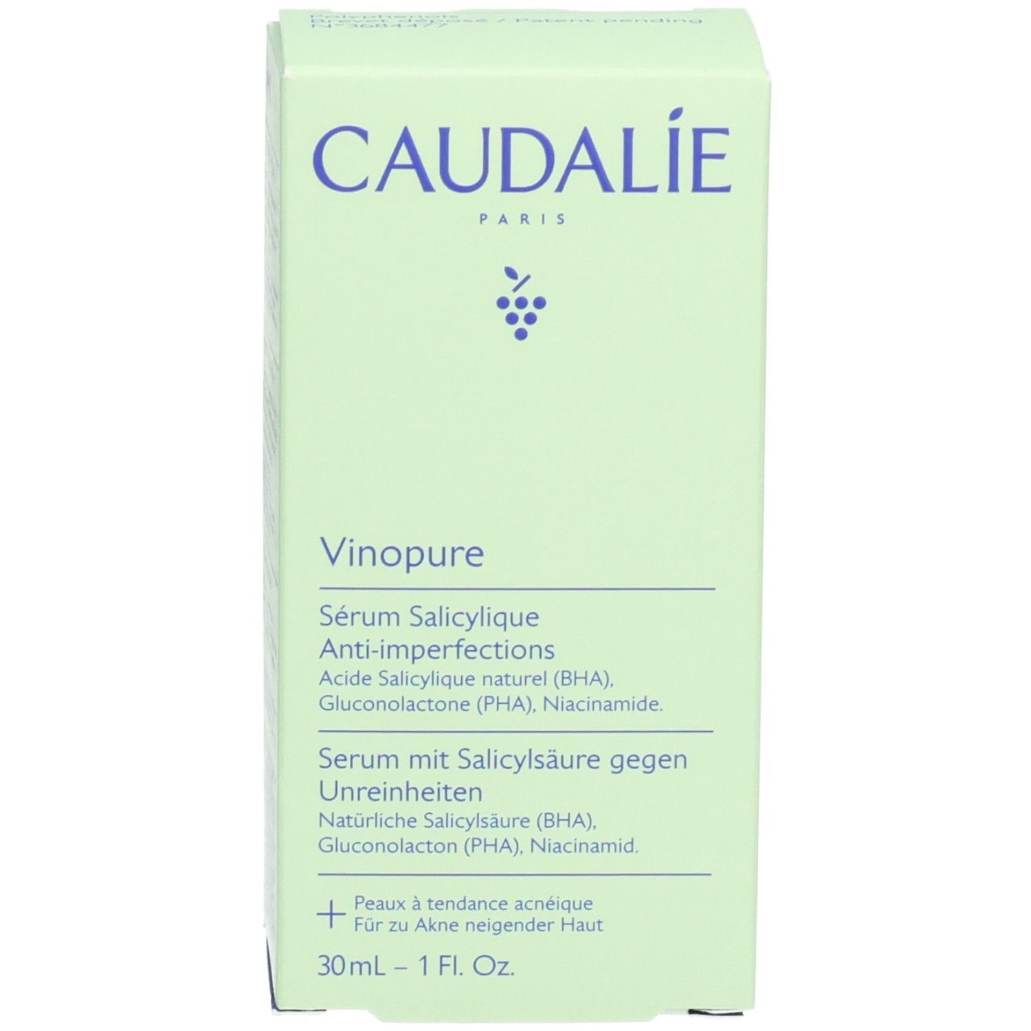Grüne Schachtel mit CAUDALIE-Logo und Produktnamen Vinopure. Enthält Informationen zu Inhaltsstoffen und Anwendung.
