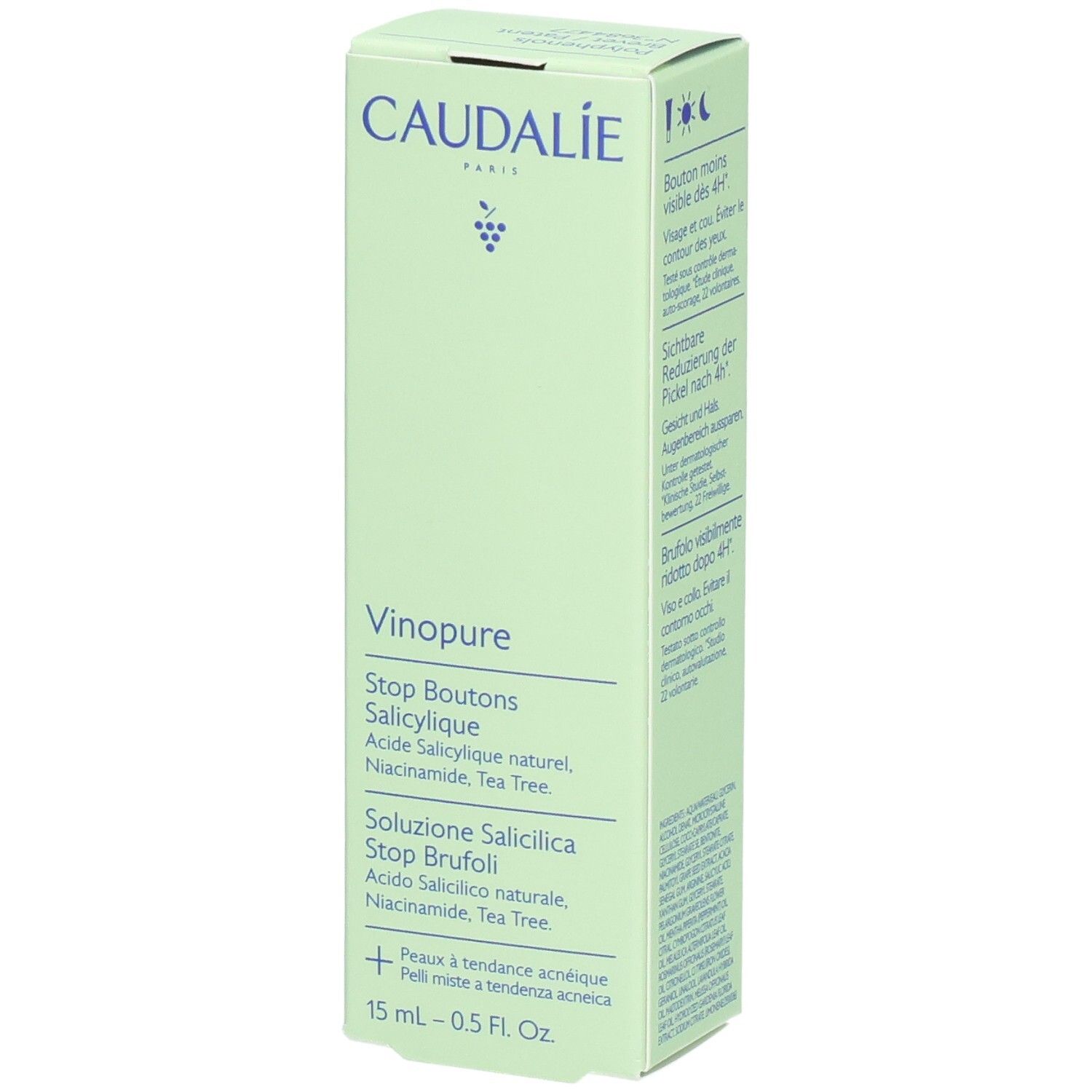 Grüne Produktverpackung mit Produktnamen und Inhaltsstoffen. Marke Caudalie.