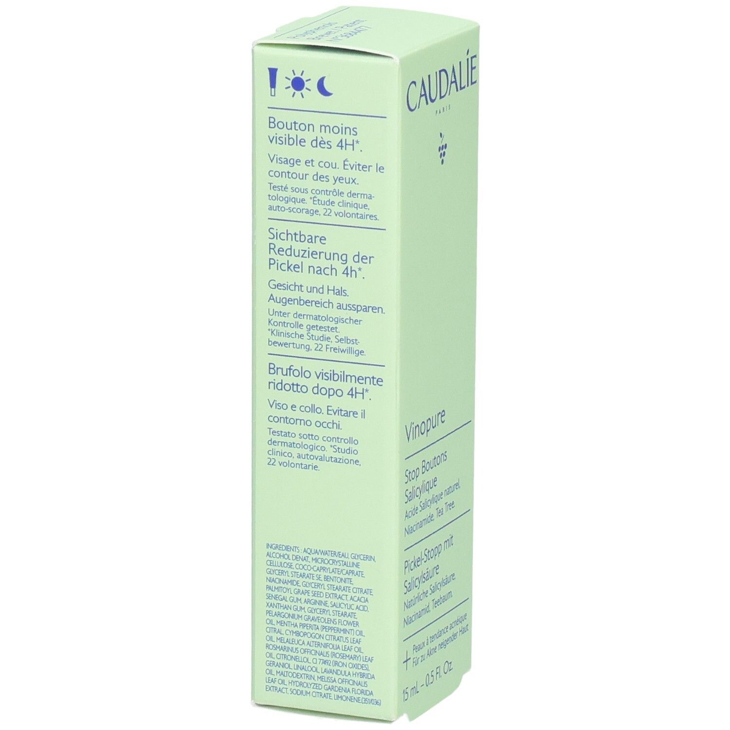 Grüne Produktverpackung mit Produktnamen und Inhaltsstoffen. Marke Caudalie.