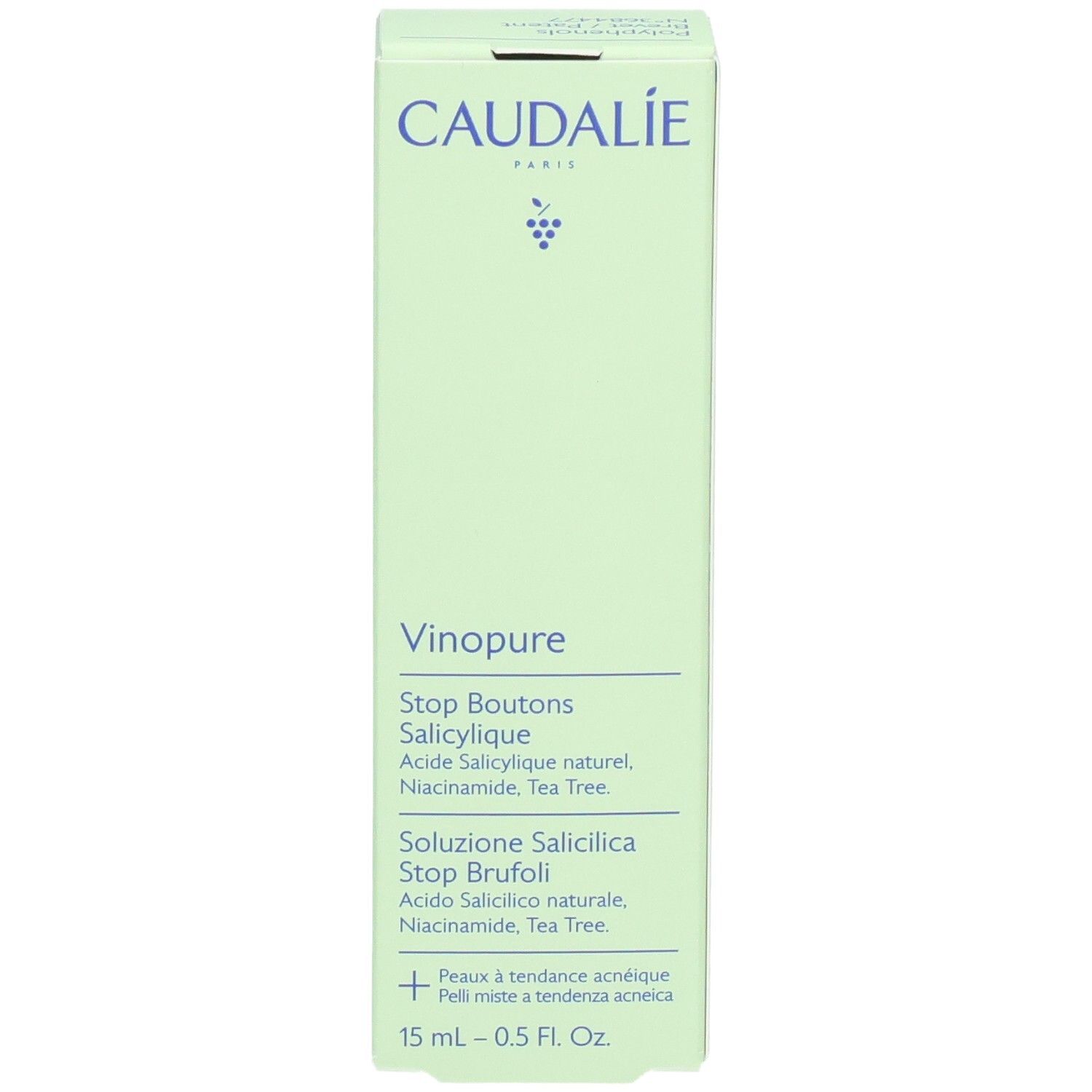 Grüne Produktverpackung mit Produktnamen und Inhaltsstoffen. Marke Caudalie.