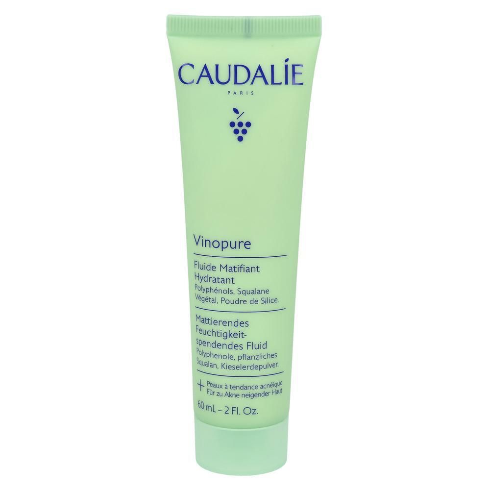 Tube vert avec texte. CAUDALIE en haut, puis Vinopure, Fluide Matifiant Hydratant. Contenance 60ml.