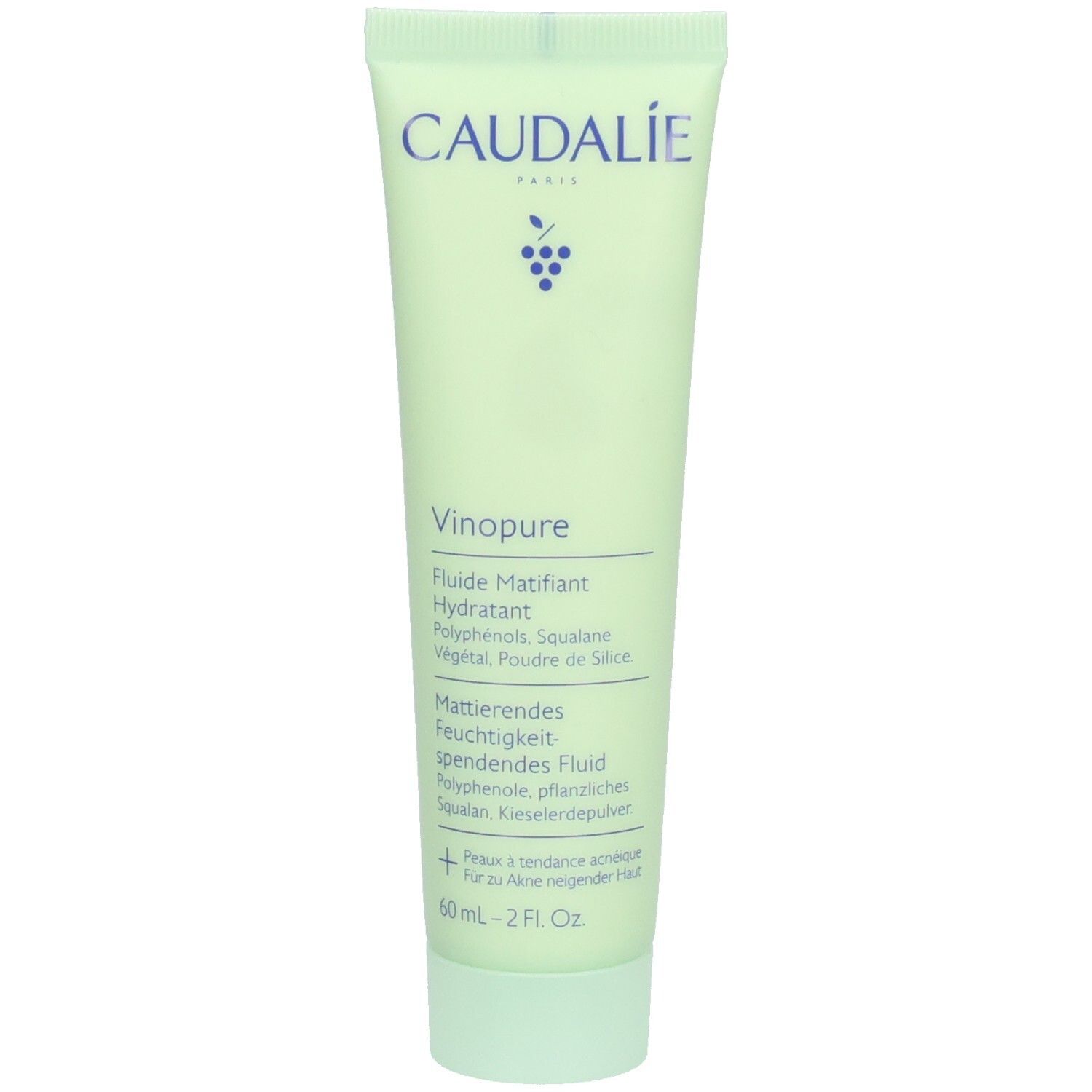 Grüne Tube. Caudalie-Logo und Produktname Vinopure. Text in Deutsch und Französisch. Enthält Siliziumpulver.