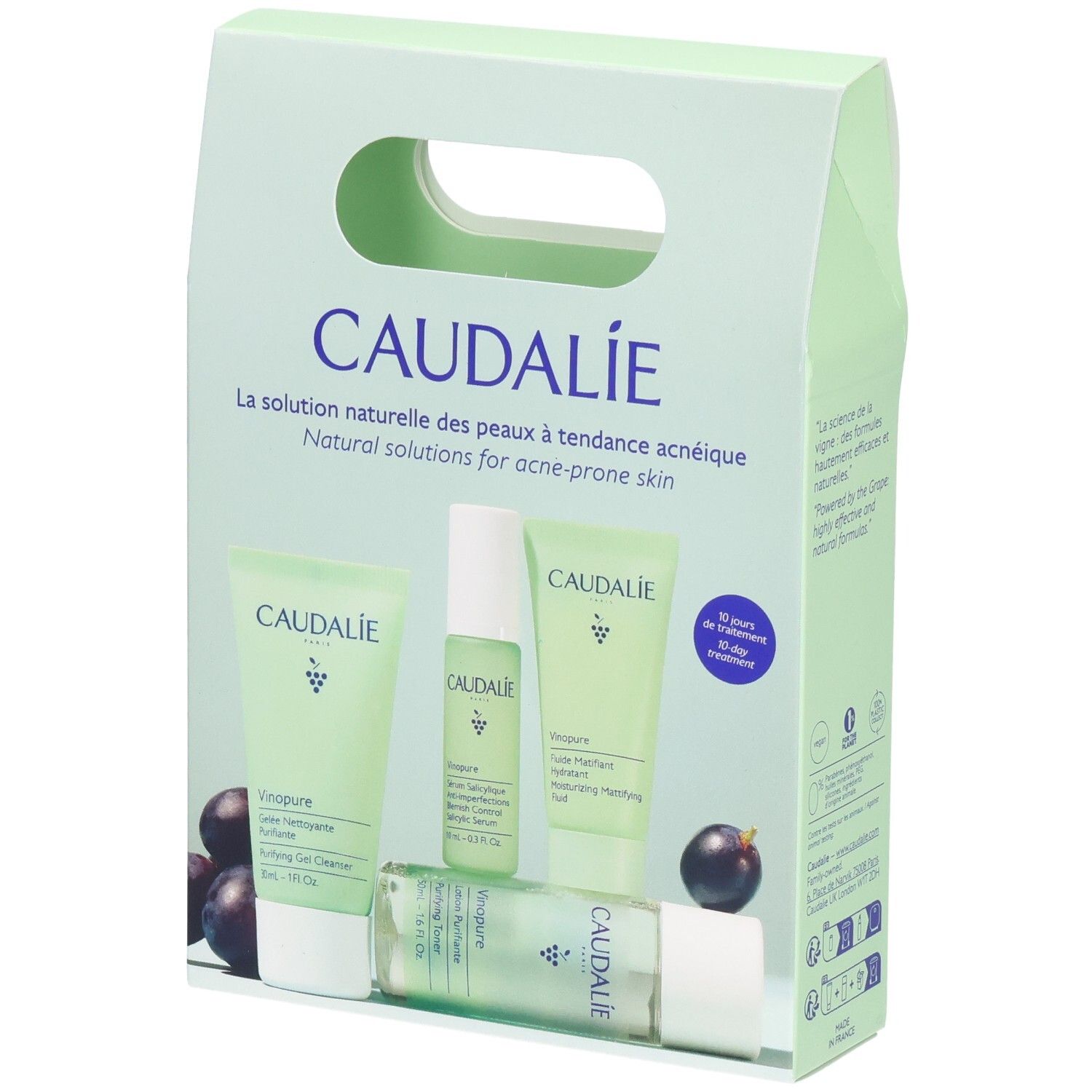 Coffret de soins du visage Caudalie. Emballage vert clair avec poignée. Contient plusieurs produits. Texte : La solution naturelle des peaux à tendance acnéique.