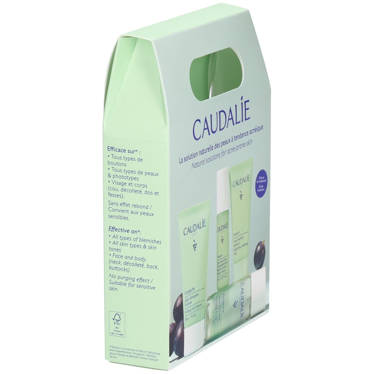 Vue latérale du coffret de soins du visage Caudalie. Emballage vert clair avec poignée. Texte : Efficace sur : Tous types de boutons. Effective on : All types of blemishes.