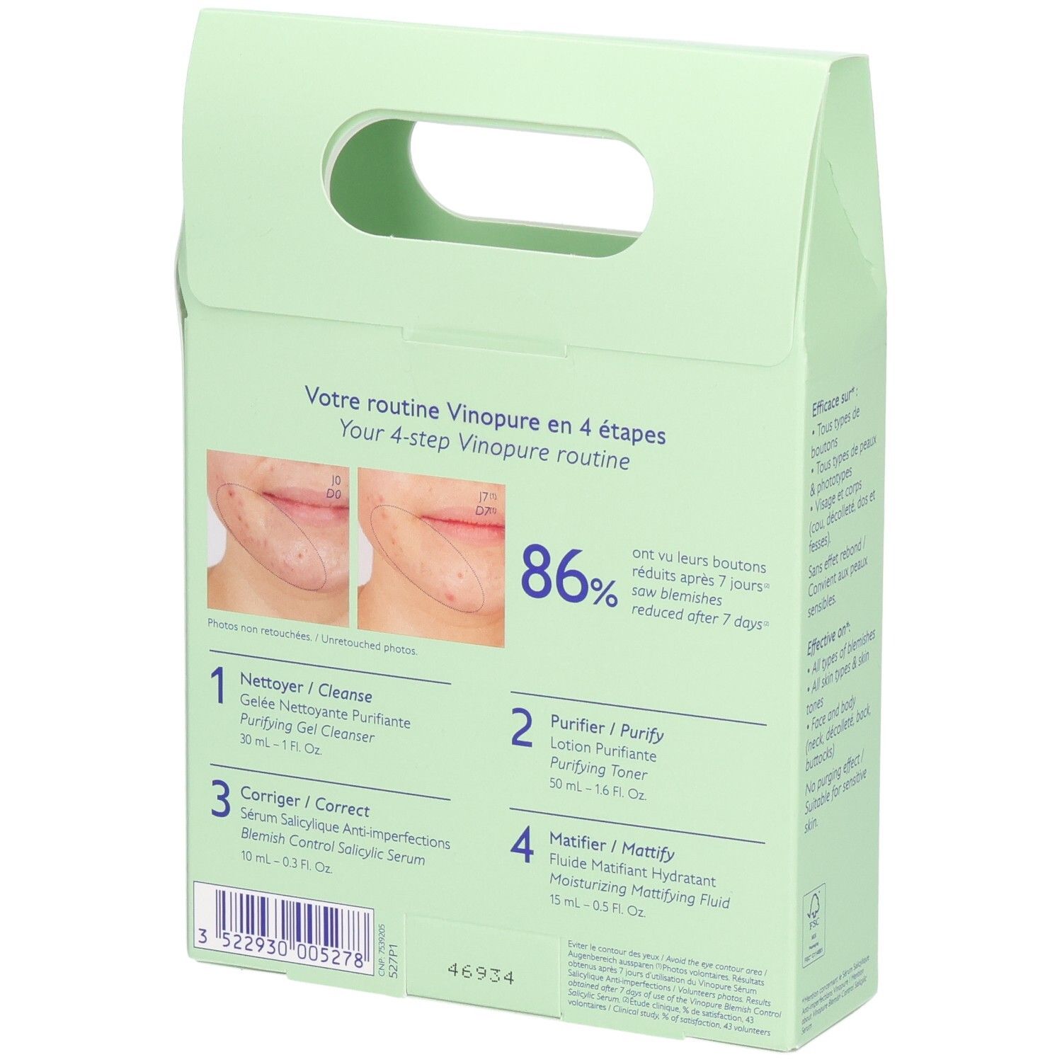 Dos du coffret de soins du visage Caudalie. Emballage vert clair. Texte : Votre routine Vinopure en 4 étapes. Photos avant-après.