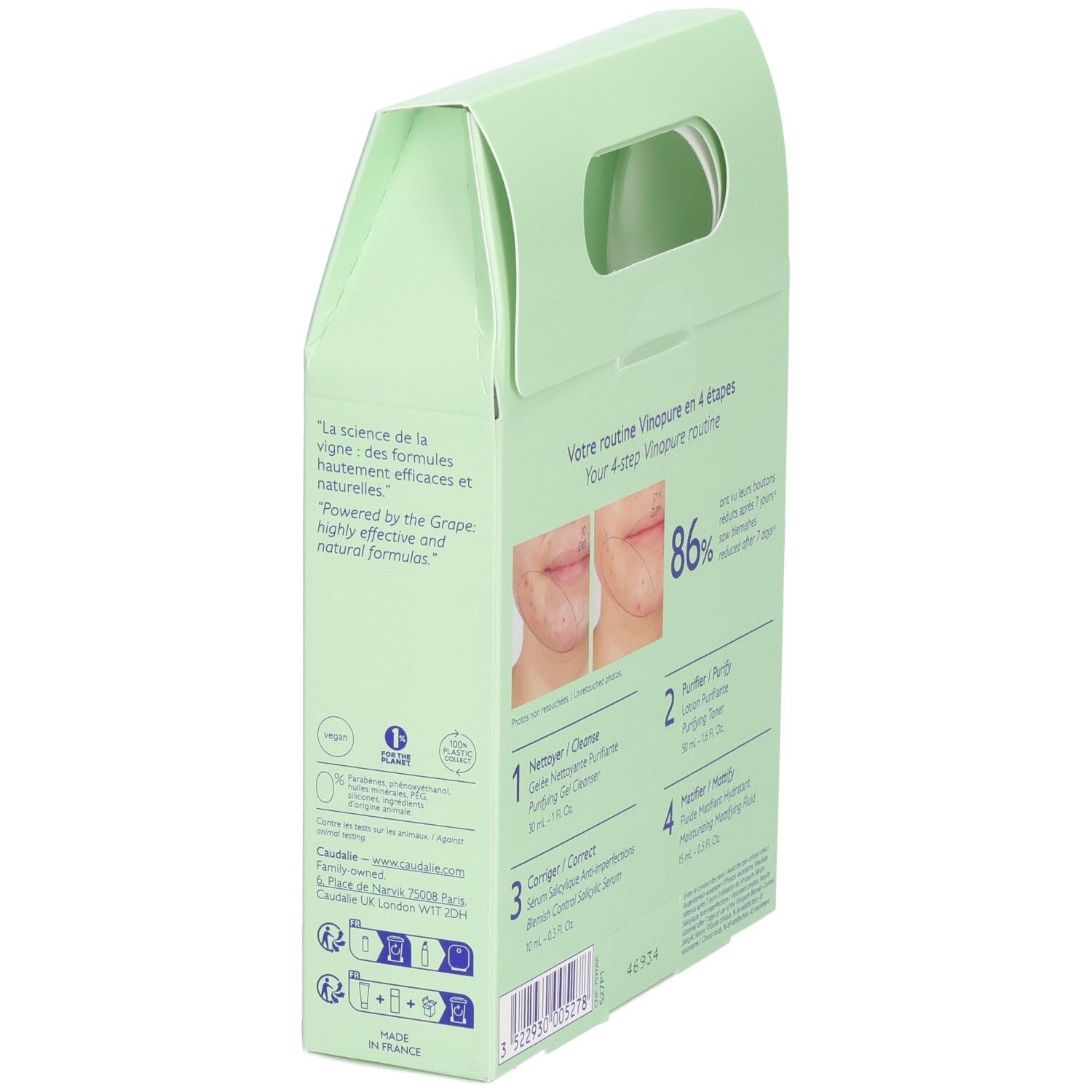 Dos du coffret de soins du visage Caudalie. Emballage vert clair. Texte : Votre routine Vinopure en 4 étapes. Photos avant-après.