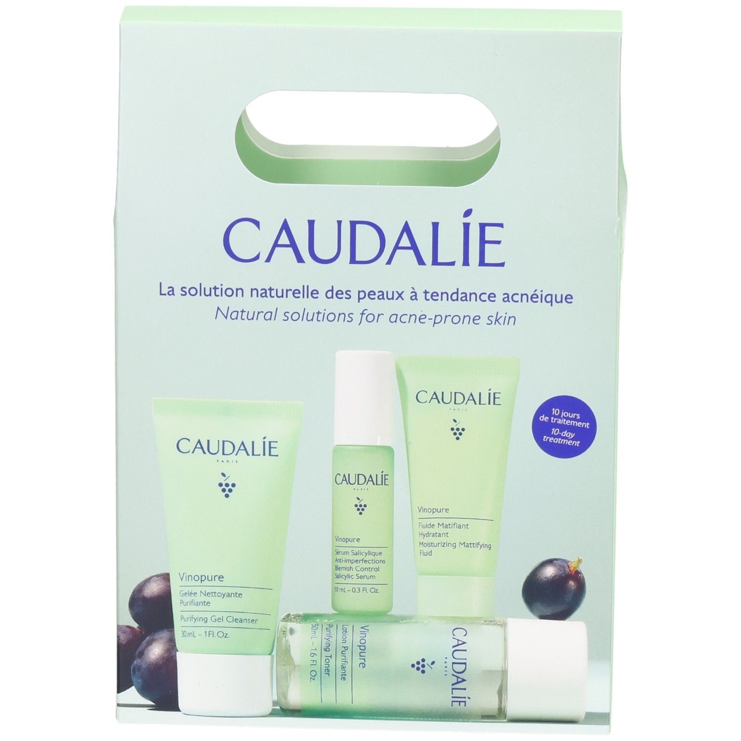 Coffret de soins du visage Caudalie. Emballage vert clair avec poignée. Contient plusieurs produits. Texte : La solution naturelle des peaux à tendance acnéique.