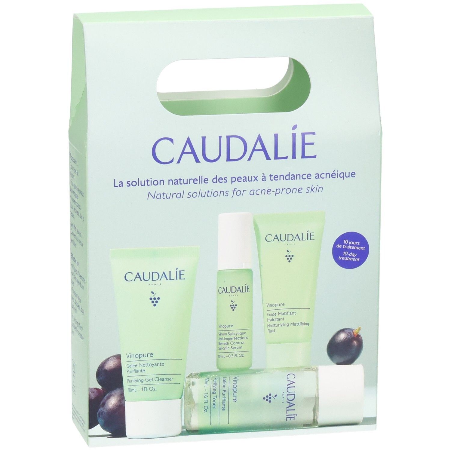 Coffret de soins du visage Caudalie. Emballage vert clair avec poignée. Contient plusieurs produits. Texte : La solution naturelle des peaux à tendance acnéique.