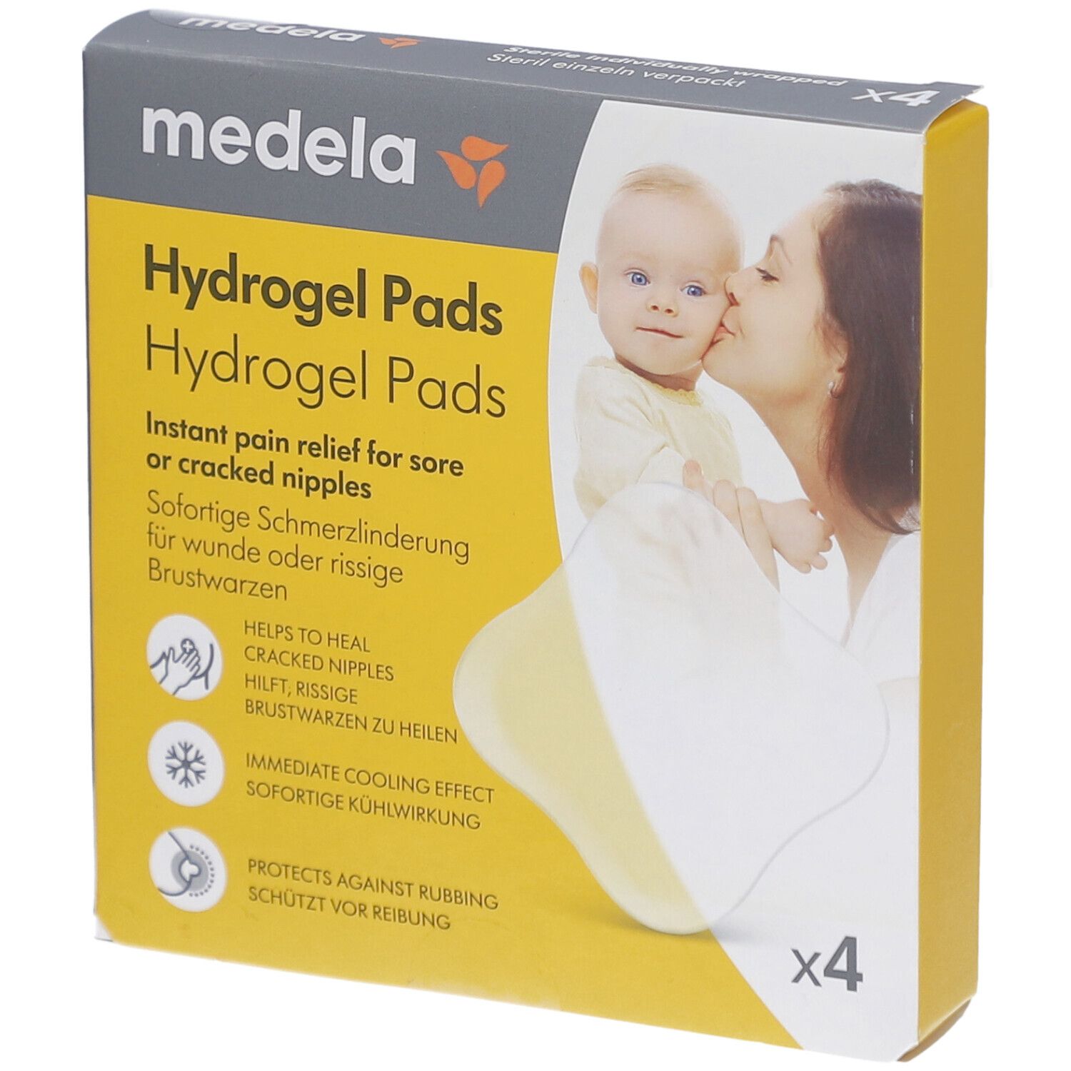 Medela-Verpackung mit Hydrogel Pads. Text: Sofortige Schmerzlinderung für wunde oder rissige Brustwarzen. Enthält 4 Stück.