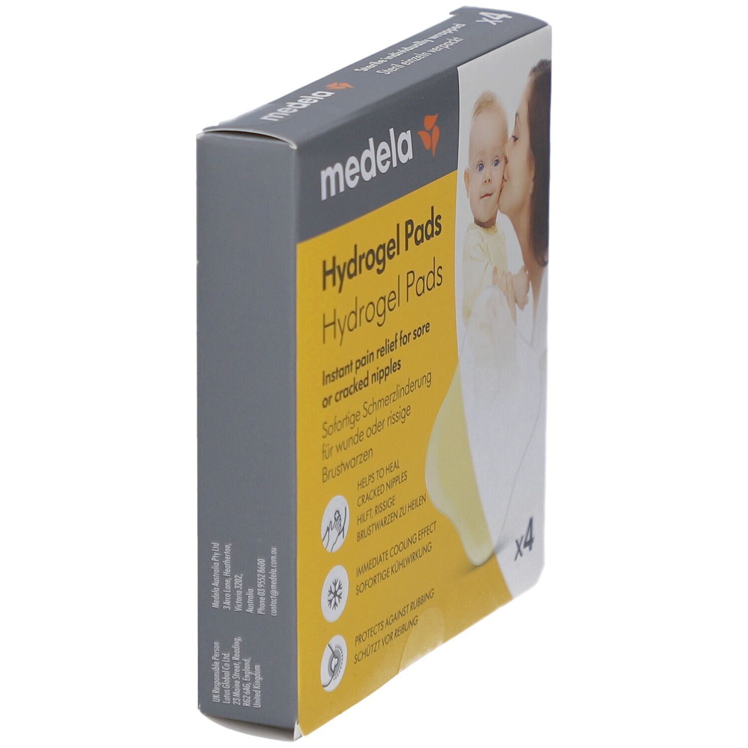 Schräg gestellte Medela-Verpackung mit Hydrogel Pads. Text: Sofortige Schmerzlinderung für wunde oder rissige Brustwarzen.