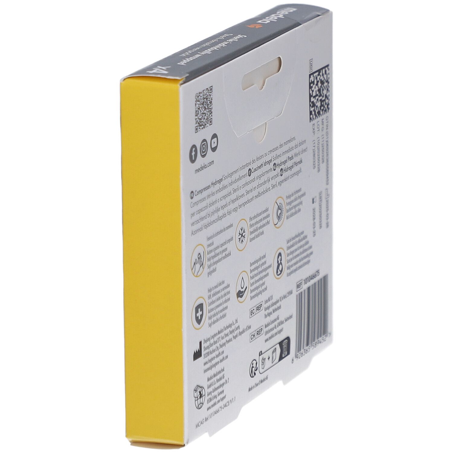 Schräg gestellte Rückseite der Medela Hydrogel Pads Verpackung. Text: Compresses Hydrogel. Informationen zu Inhaltsstoffen.