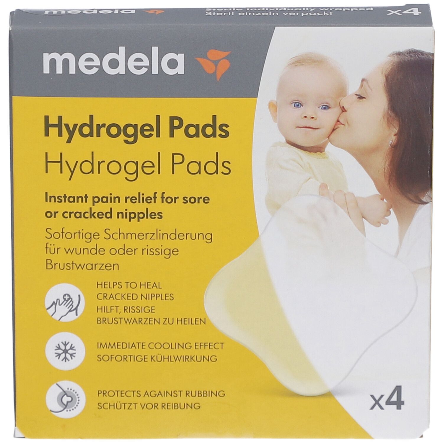 Medela-Verpackung mit Hydrogel Pads. Text: Sofortige Schmerzlinderung für wunde oder rissige Brustwarzen. Enthält 4 Stück.