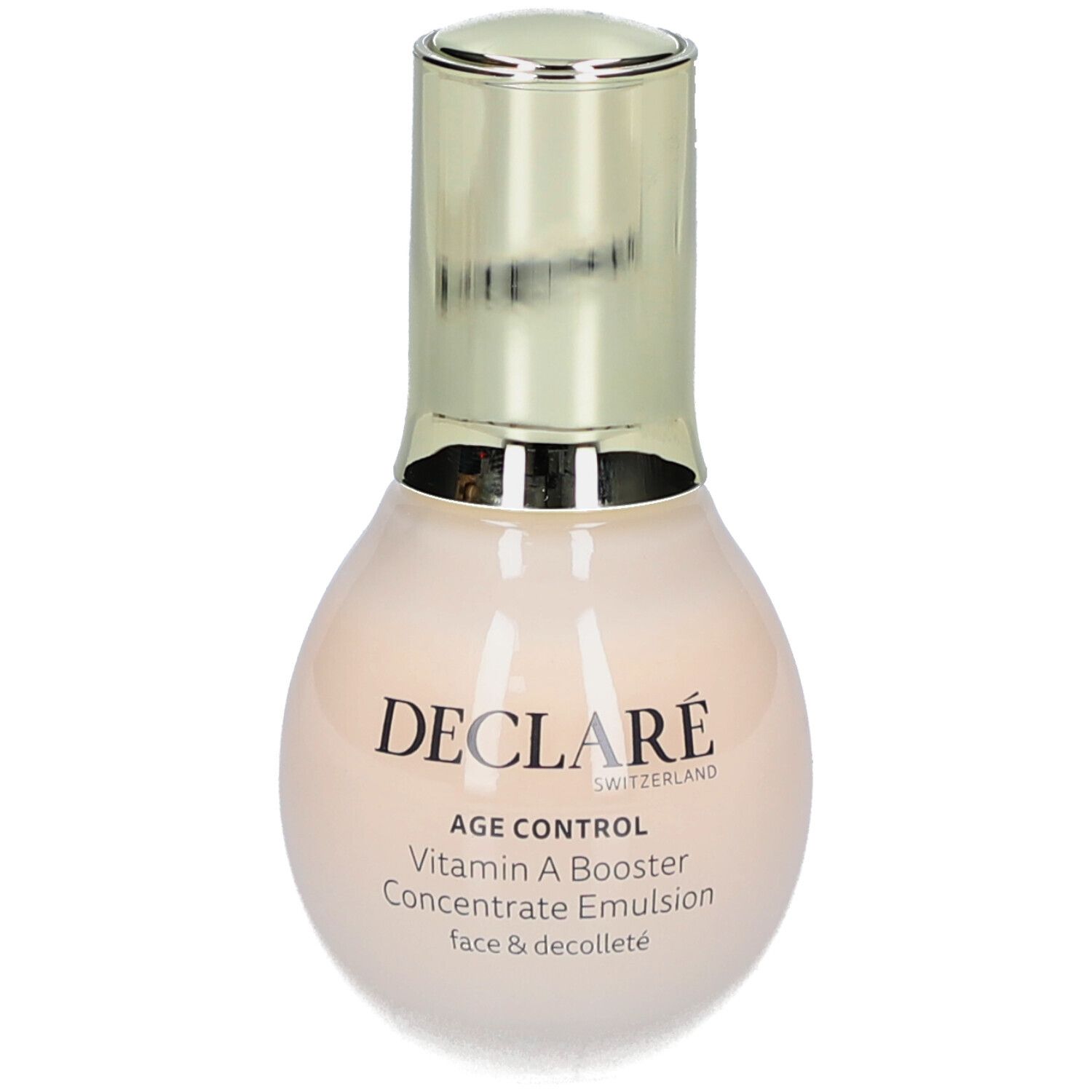 Flacon beige à bouchon doré. Inscription : DECLARÉ, AGE CONTROL, Vitamin A Booster, Concentrate Emulsion, Face & Décolleté.
