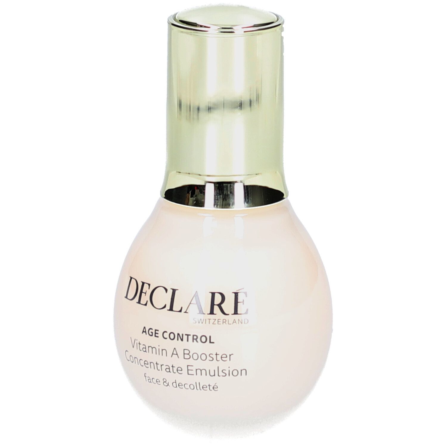 Flacon beige à bouchon doré. Inscription : DECLARÉ, AGE CONTROL, Vitamin A Booster, Concentrate Emulsion, Face & Décolleté.
