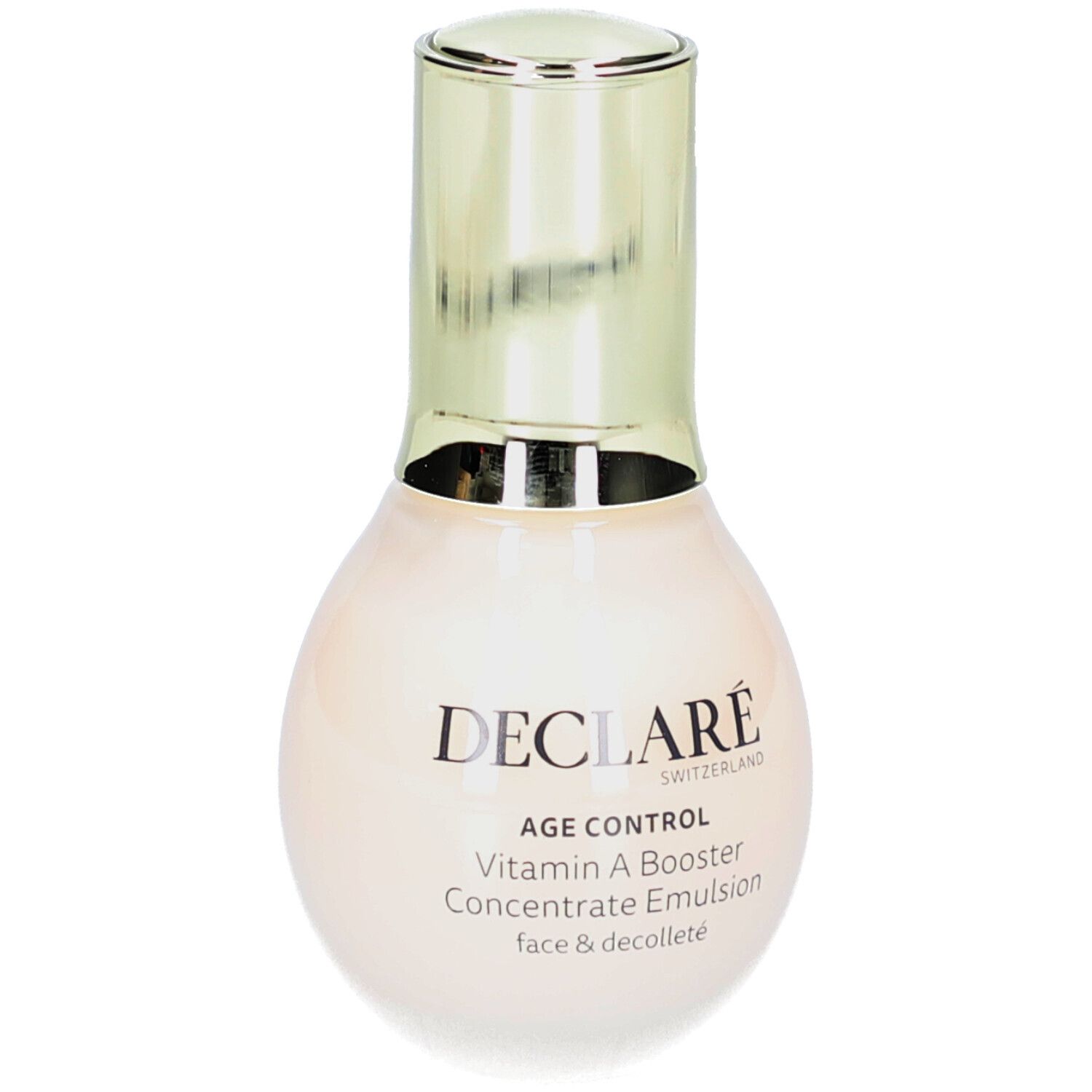 Flacon beige à bouchon doré. Inscription : DECLARÉ, AGE CONTROL, Vitamin A Booster, Concentrate Emulsion, Face & Décolleté.