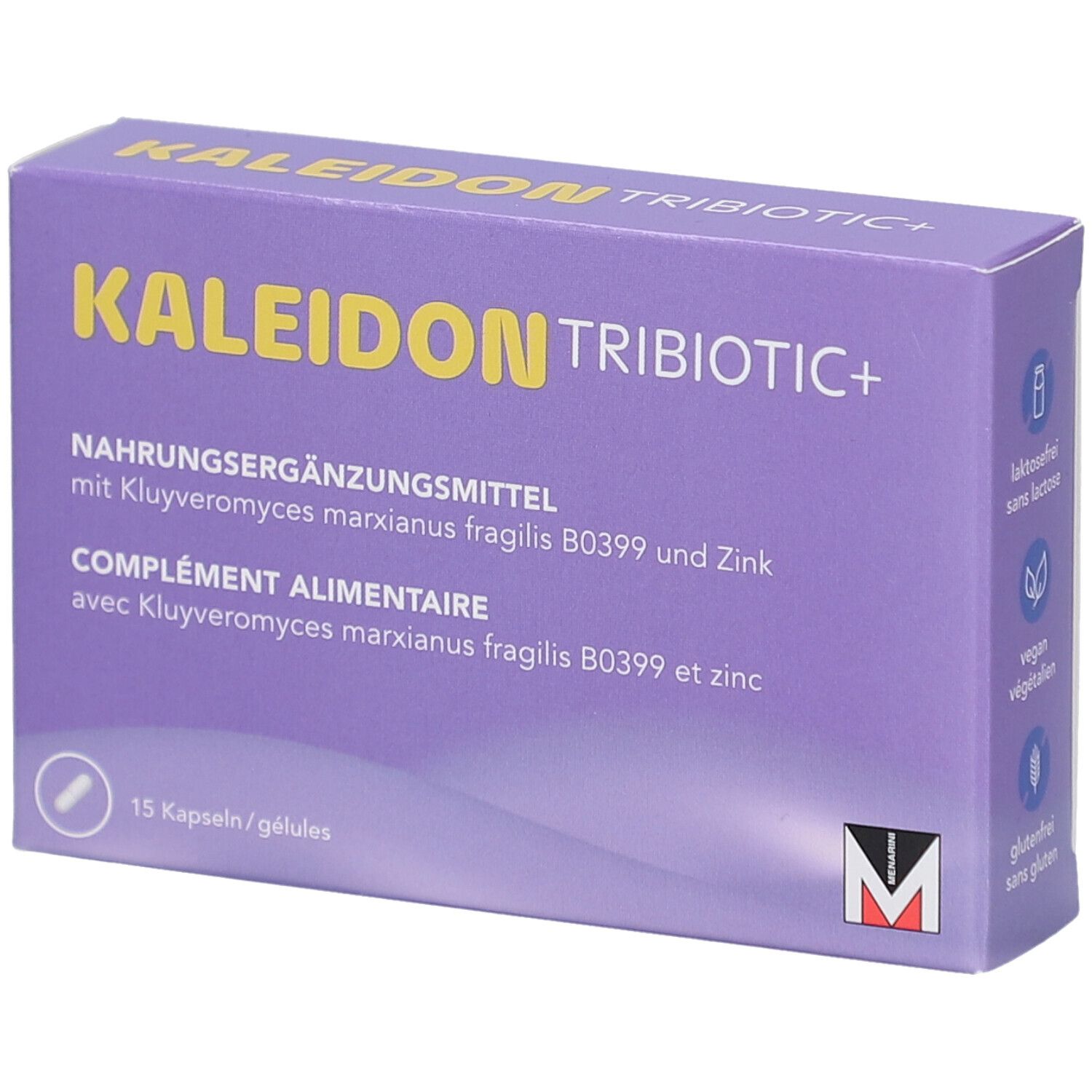 Lila Karton mit Produktnamen KALEIDON TRIBOTIC+. Enthält 15 Kapseln. Text: Nahrungsergänzungsmittel mit Kluyveromyces marxianus fragilis B0399 und Zink.