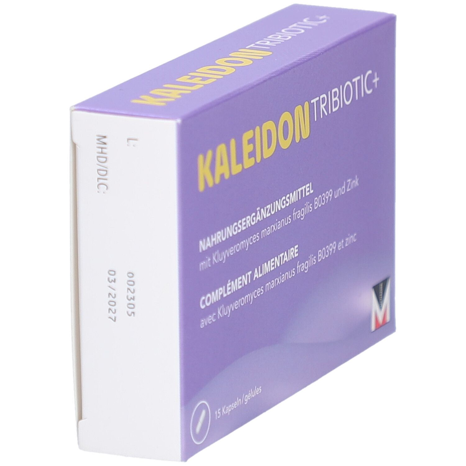 KALEIDON TRIBOTIC+ Packung, lila. Aufdruck: Nahrungsergänzungsmittel, 15 Kapseln. Seitlich: MHD 03/2027. Perspektivische Ansicht.