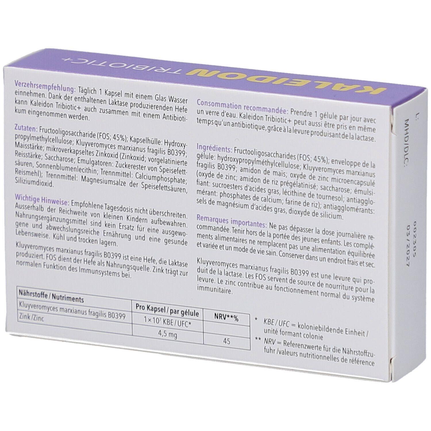 Rückseite der KALEIDON TRIBOTIC+ Packung. Enthält Informationen zu Inhaltsstoffen und Nährwerten. Text in Deutsch und Französisch.