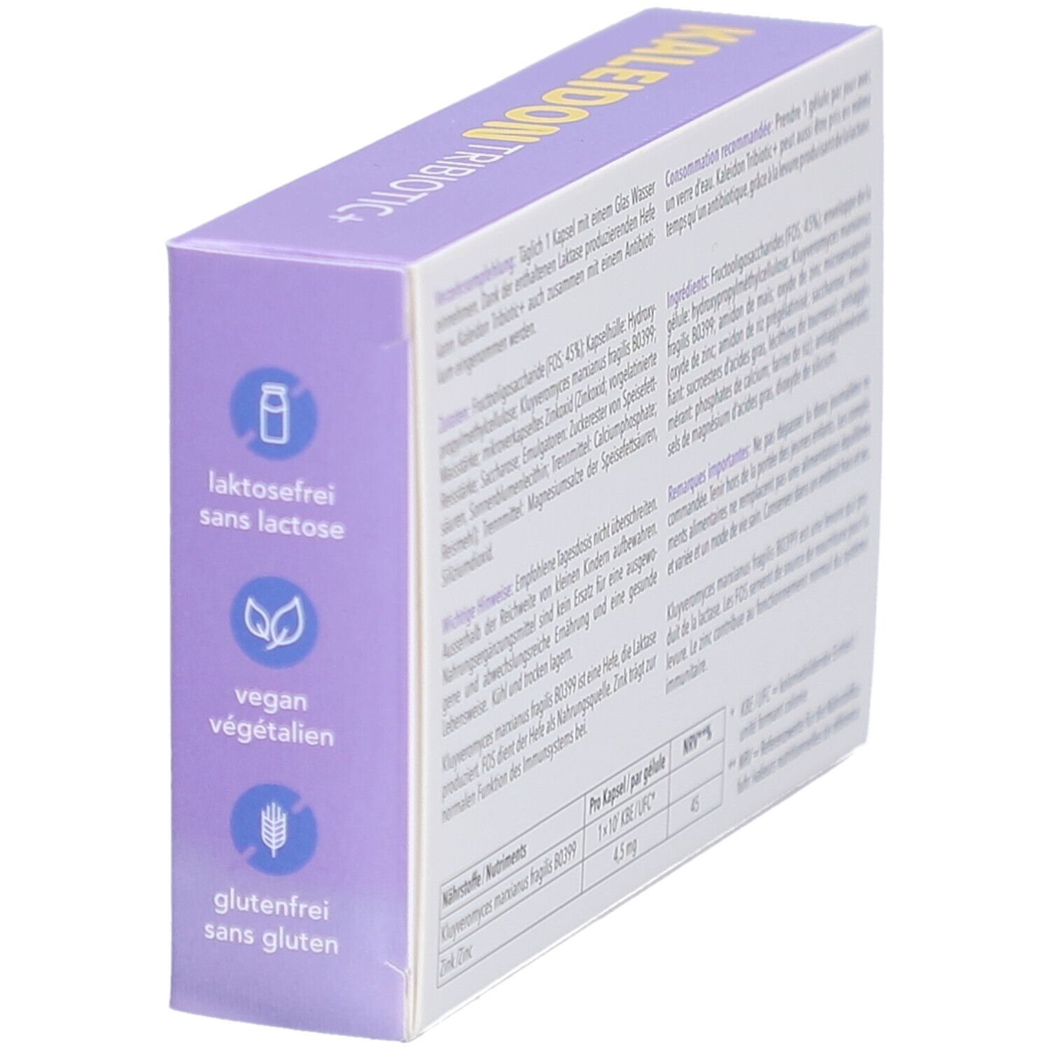 KALEIDON TRIBOTIC+ Packung, lila. Aufdruck: laktosefrei, vegan, glutenfrei. Perspektivische Ansicht.