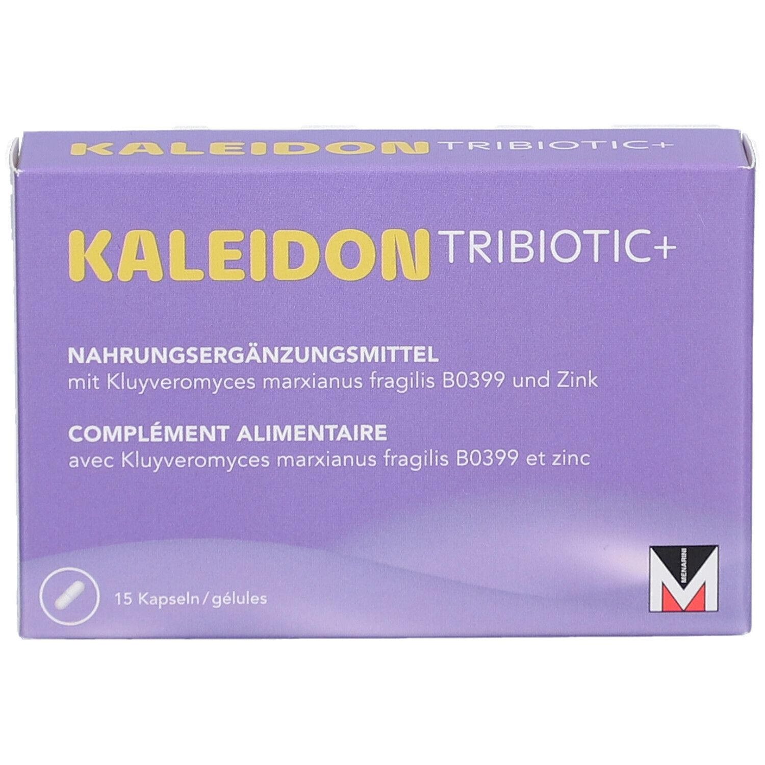 KALEIDON TRIBOTIC+ Packung, lila. Aufdruck: Nahrungsergänzungsmittel, 15 Kapseln. Perspektivische Ansicht.