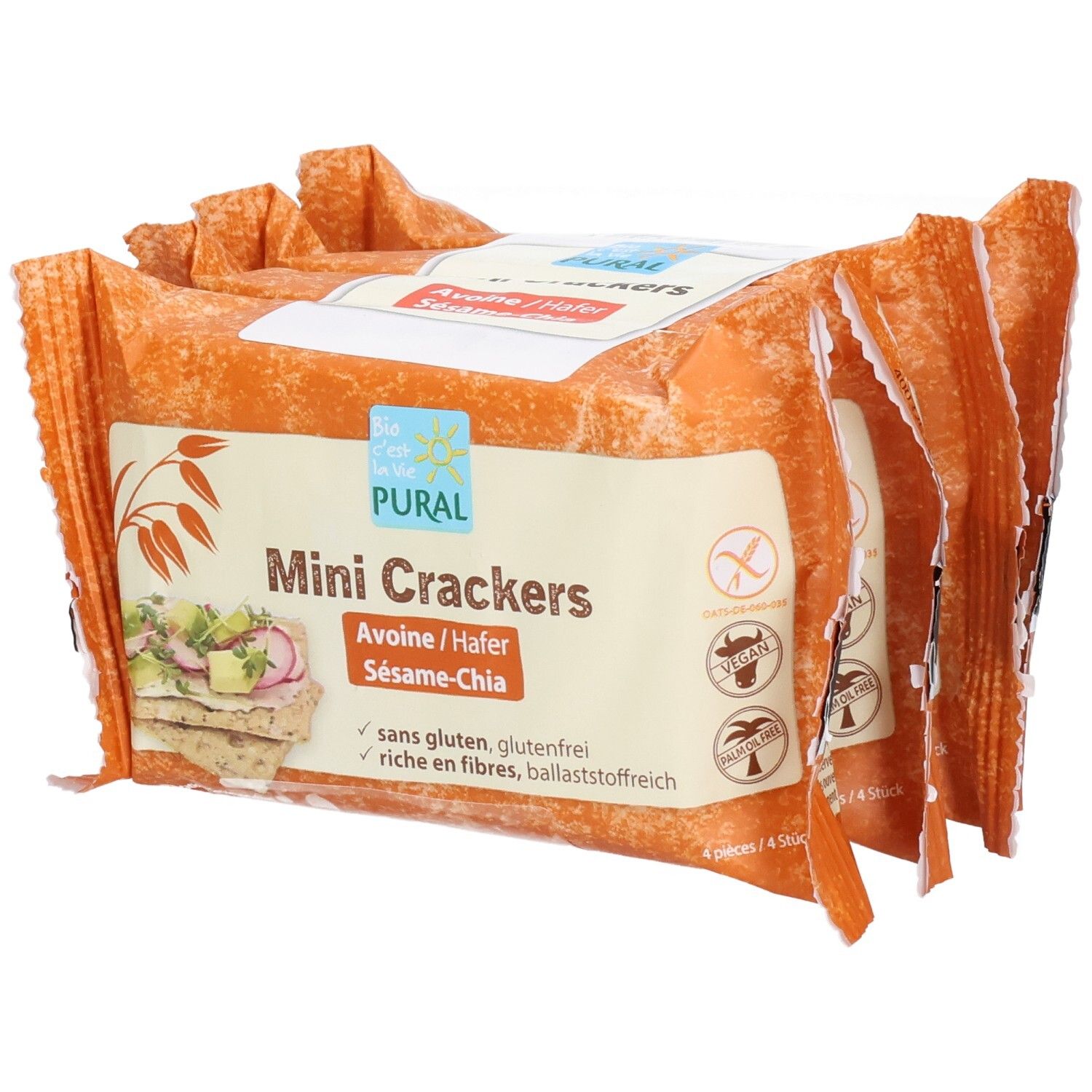 Pural Mini Crackers Hafer, Sesam & Chia: Vier einzeln verpackte Packungen mit Crackern.