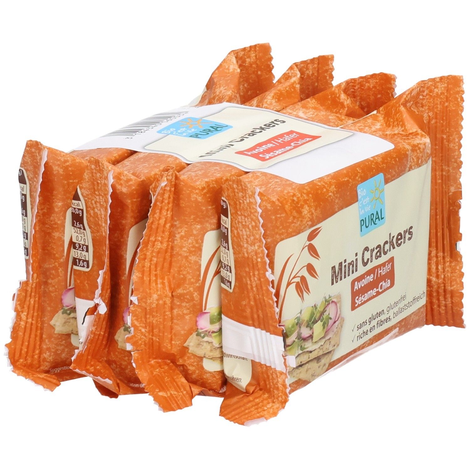 Pural Mini Crackers Hafer, Sesam & Chia: Vier einzeln verpackte Packungen mit Crackern, Vorderansicht.