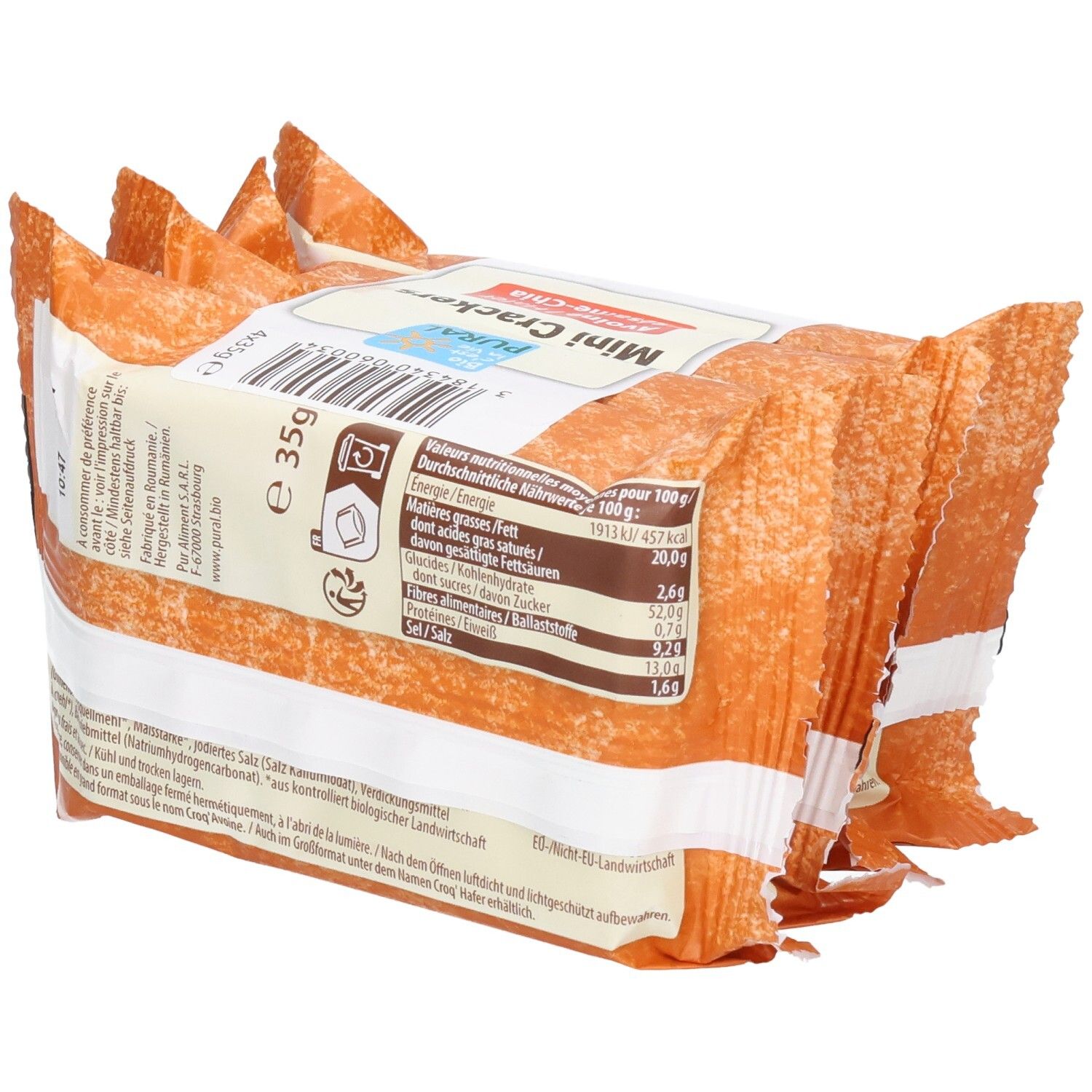 Pural Mini Crackers Hafer, Sesam & Chia: Rückseite der Verpackung mit Nährwertangaben und Zertifizierungen.