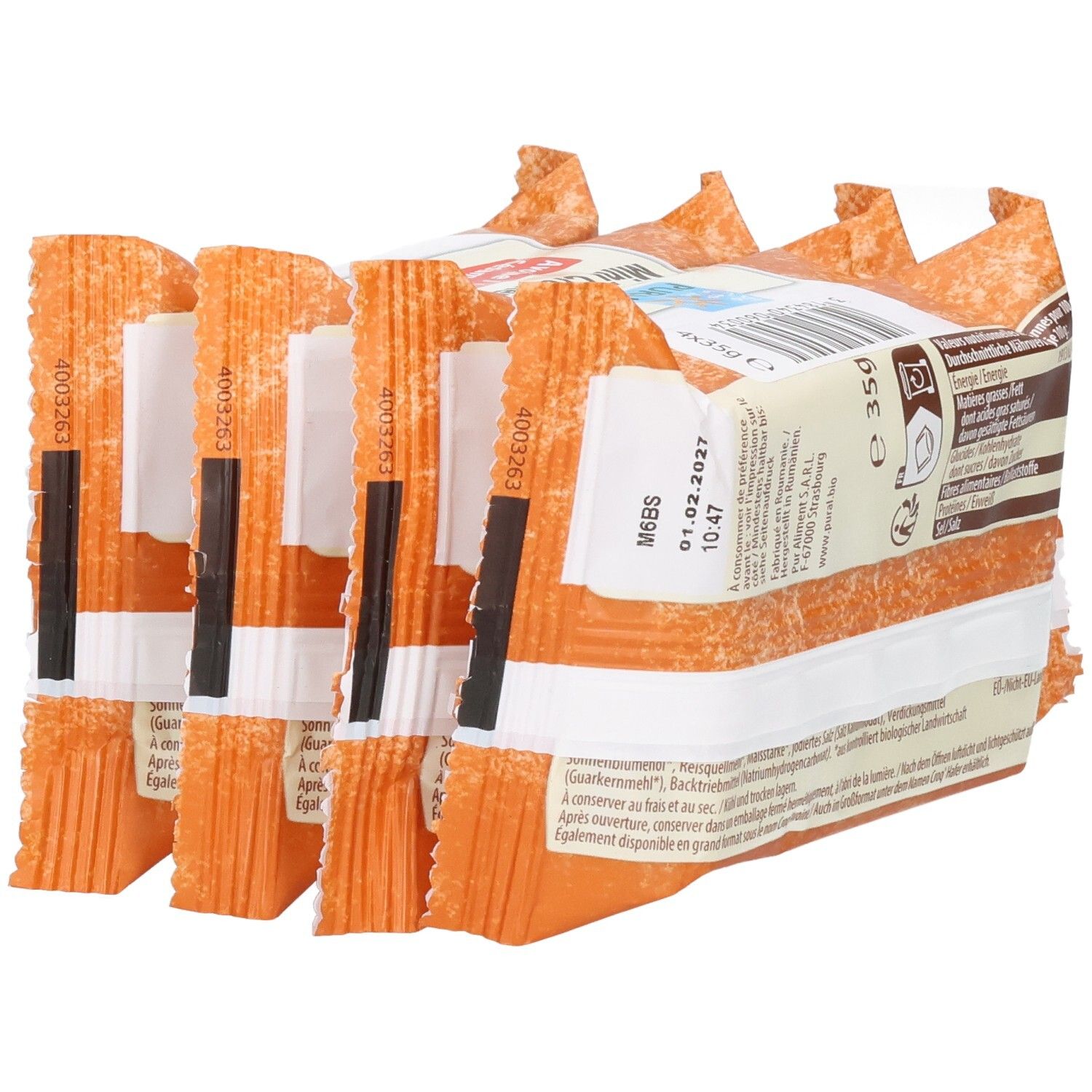 Pural Mini Crackers Hafer, Sesam & Chia: Seitenansicht der vier einzeln verpackten Packungen.