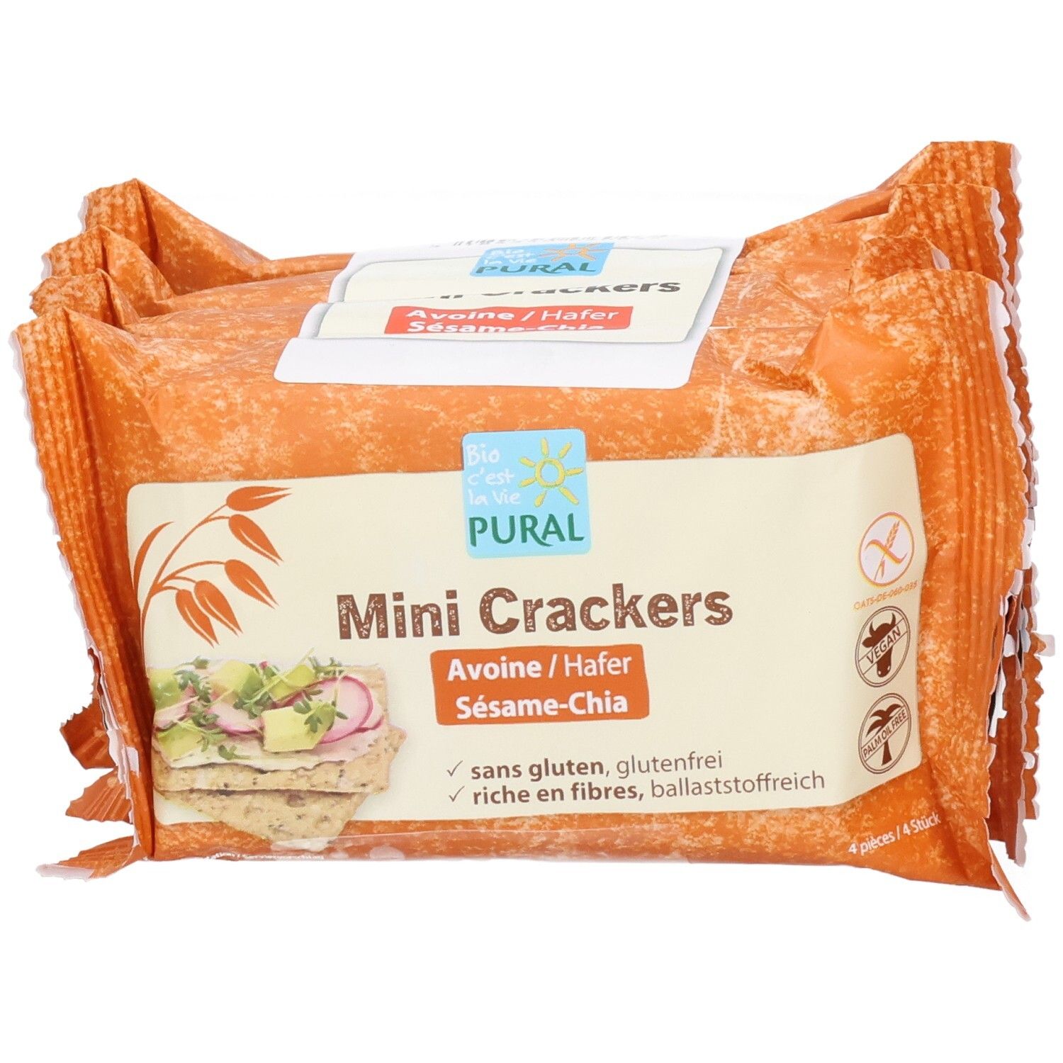 Pural Mini Crackers Hafer, Sesam & Chia: Vorderansicht der vier einzeln verpackten Packungen.