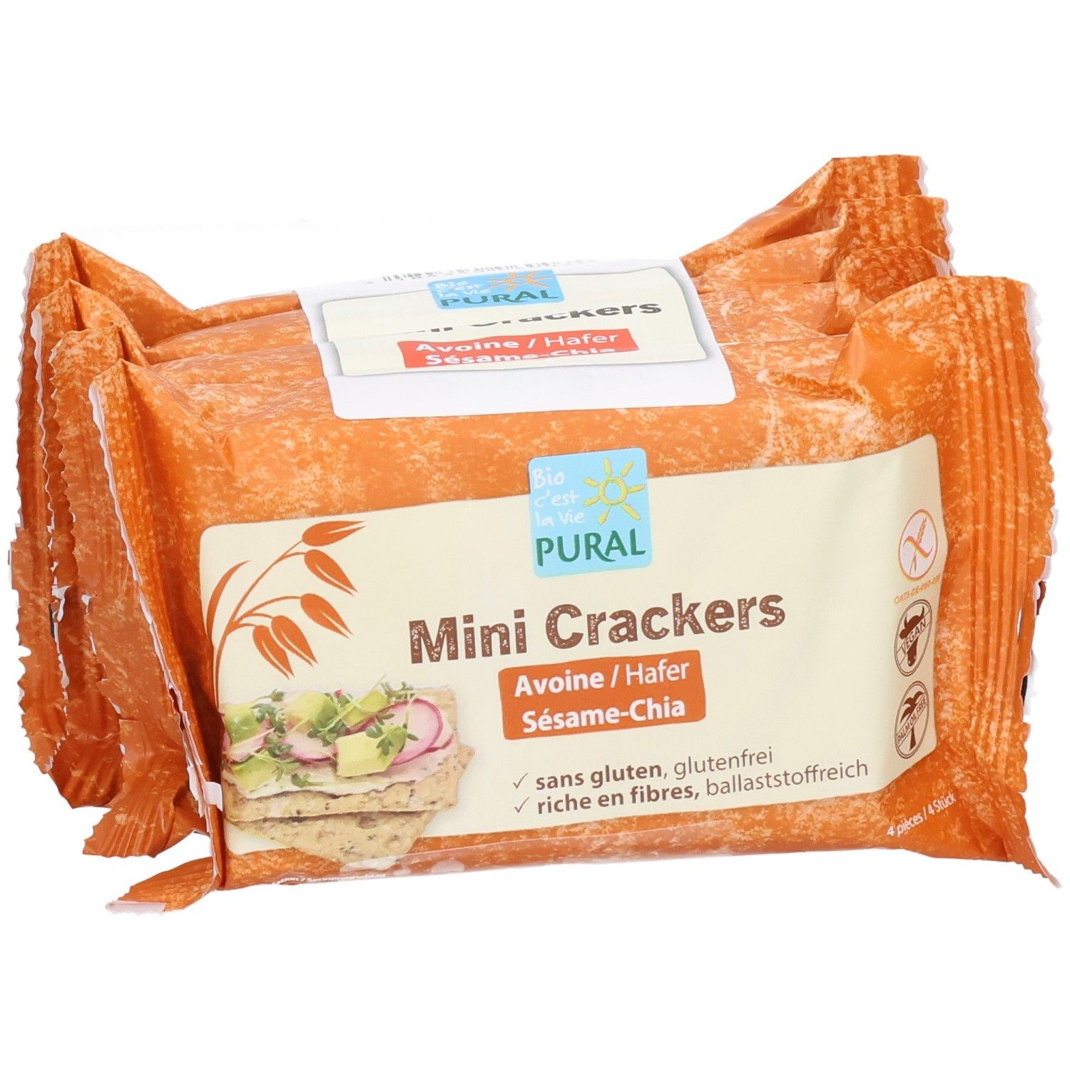 Pural Mini Crackers Hafer, Sesam & Chia: Nahaufnahme der Vorderseite mit Produktbild und Siegeln.