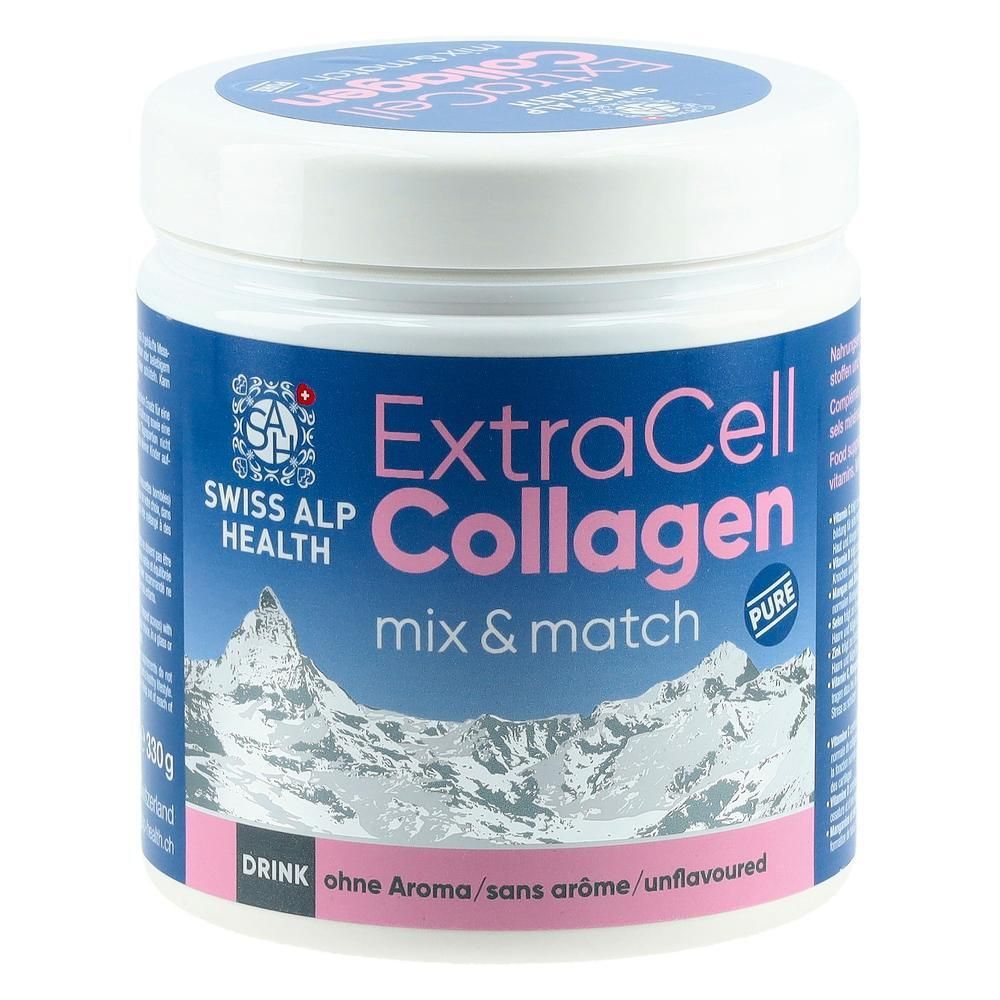 Weißes Gefäß mit blauem Etikett. Aufschrift: ExtraCell Collagen mix & match Drink. Bergmotiv. Swiss Alp Health.