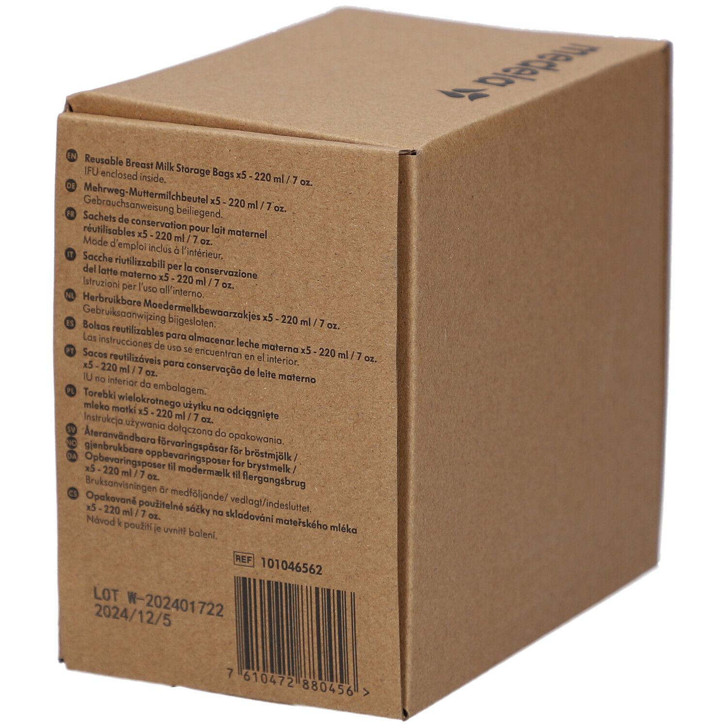 Boîte en carton marron. Sachets de conservation pour lait maternel réutilisables, 5 x 220 ml/7 oz. Texte multilingue. Logo Medela.