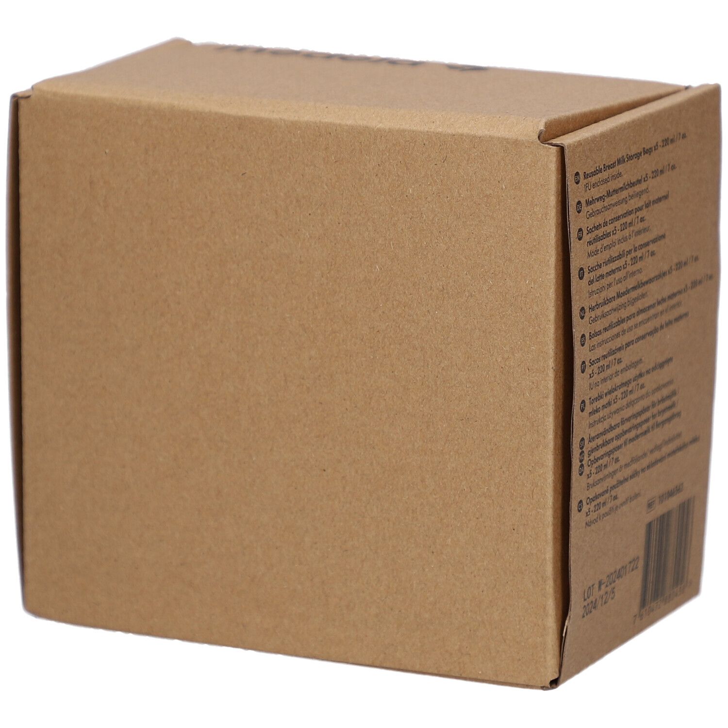 Boîte en carton marron. Texte multilingue. Code-barres et informations de lot. Vue d'angle.