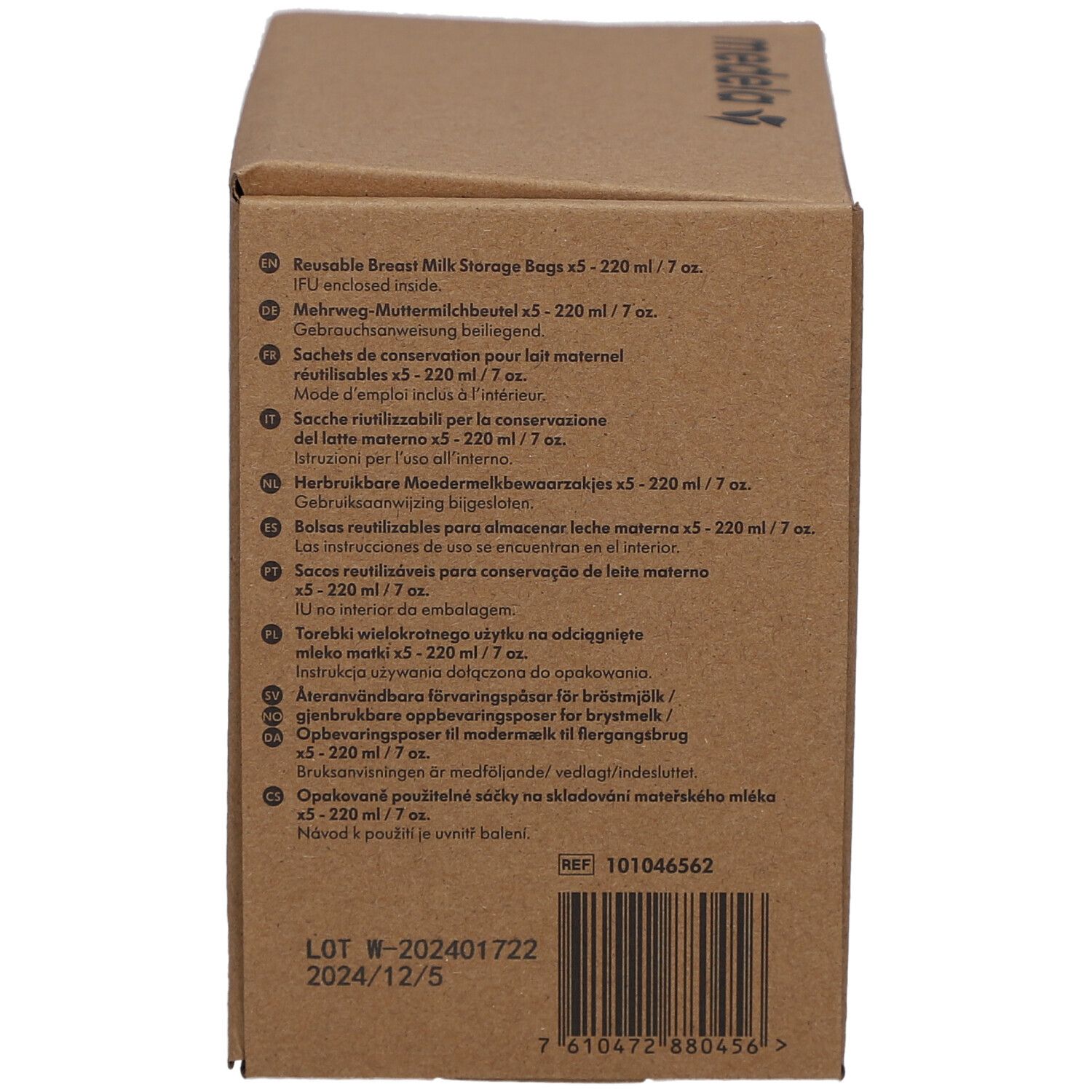 Boîte en carton marron. Sachets de conservation pour lait maternel réutilisables, 5 x 220 ml/7 oz. Texte multilingue. Code-barres et informations de lot.