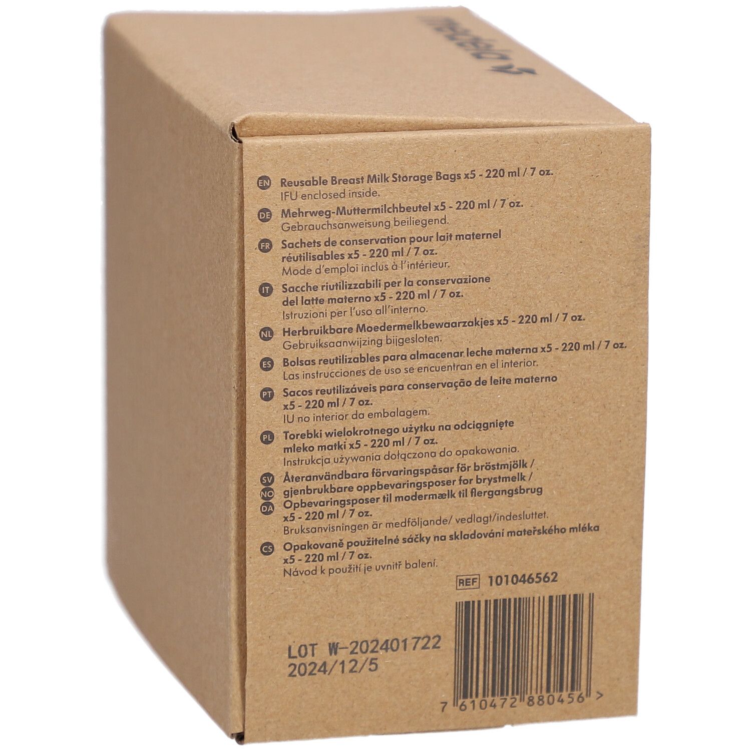 Boîte en carton marron. Sachets de conservation pour lait maternel réutilisables, 5 x 220 ml/7 oz. Texte multilingue. Code-barres et informations de lot.
