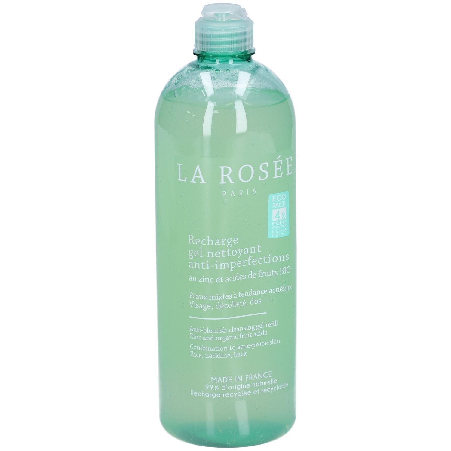 Transparente Flasche mit grünem Deckel. Aufschrift: La Rosée Paris, Recharge gel nettoyant anti-imperfections. Mit Zink und Fruchtsäuren.