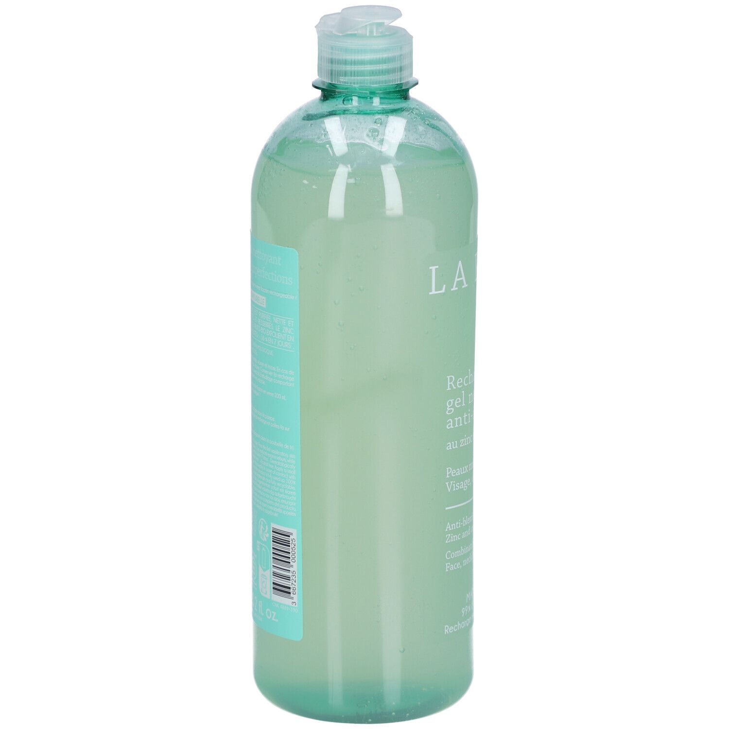 Transparente Flasche mit grünem Deckel. Auf der Seite Barcode und Produktinformationen. Produktname nicht lesbar.
