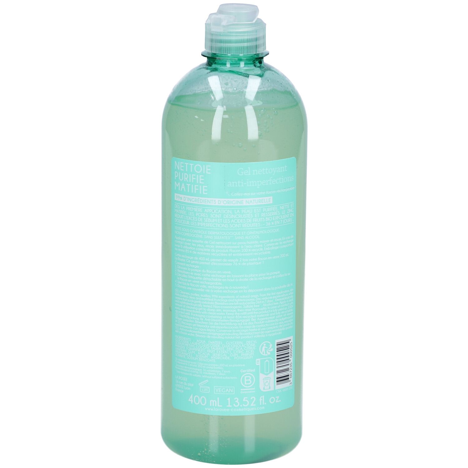 Rückseite der transparenten Flasche mit grünem Deckel. Produktinformationen auf Türkis. Volumen: 400 ml.