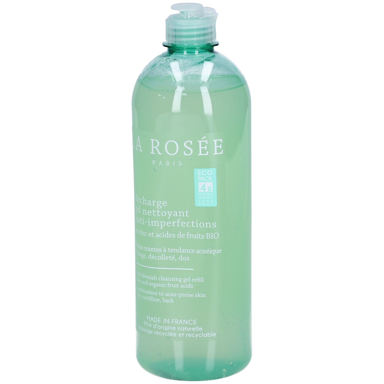 Transparente Flasche mit grünem Deckel. Aufschrift: La Rosée Paris, Recharge gel nettoyant anti-imperfections. Mit Zink und Fruchtsäuren.