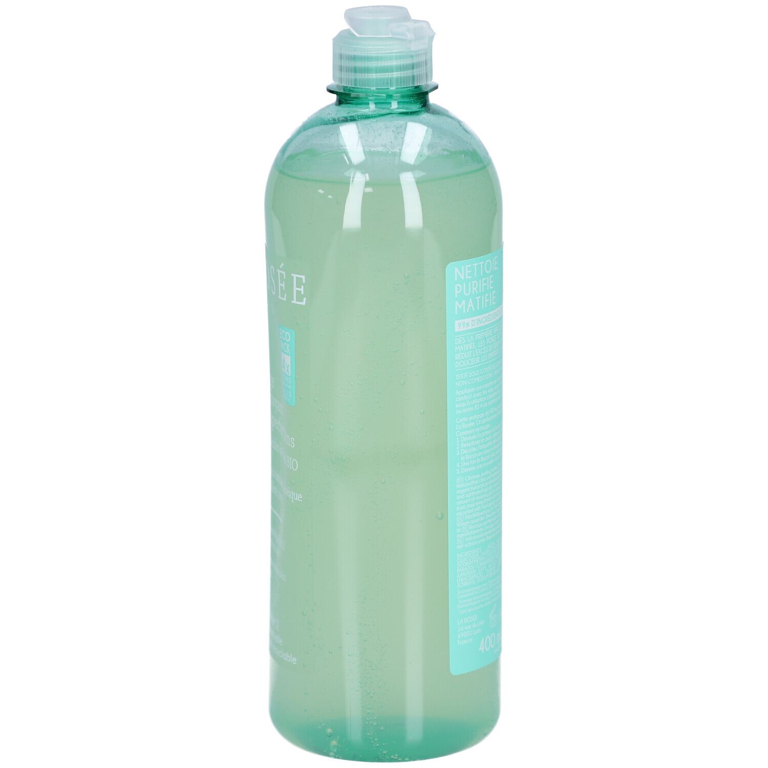 Transparente Flasche mit grünem Deckel. Auf der Seite Produktinformationen. Produktname nicht lesbar.