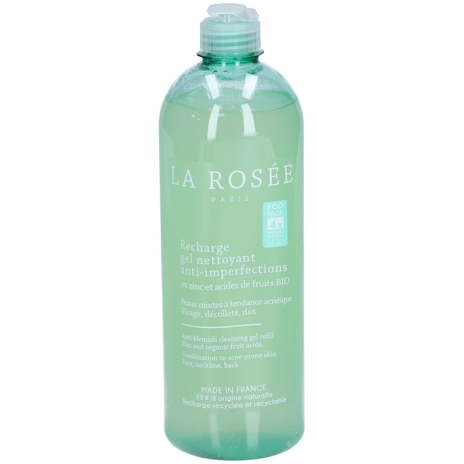 Transparente Flasche mit grünem Deckel. Aufschrift: La Rosée Paris, Recharge gel nettoyant anti-imperfections. Mit Zink und Fruchtsäuren.
