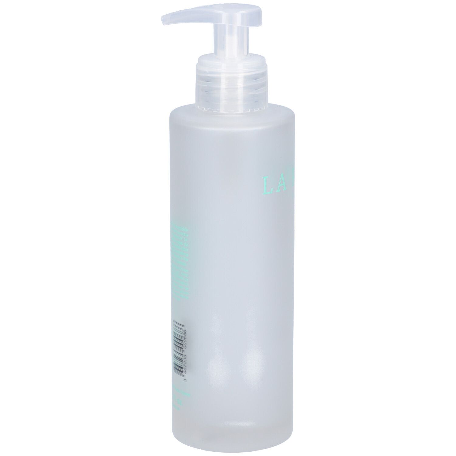 Flasche mit Dosierpumpe. Etikett mit Barcode. Mattiertes, durchscheinendes Material.