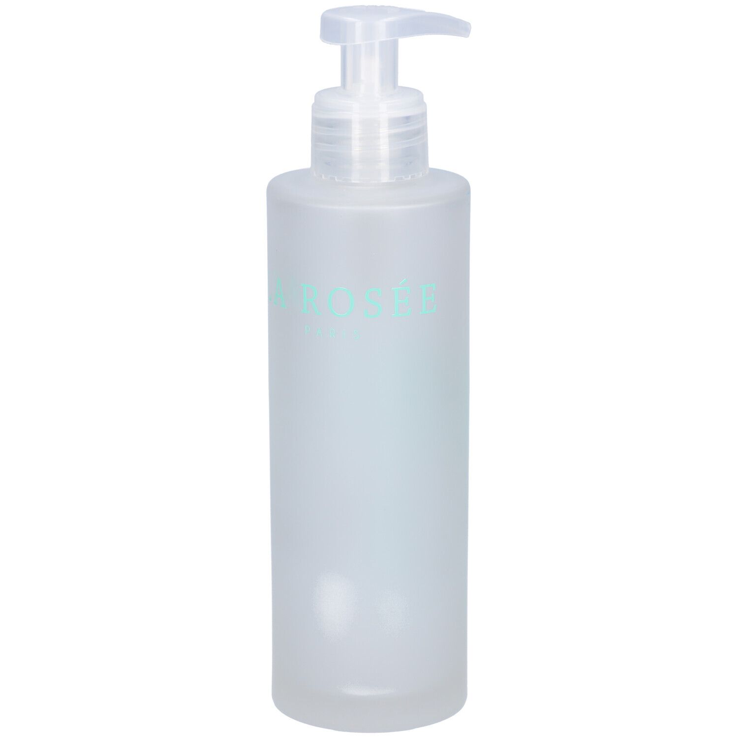 Flasche mit Dosierpumpe. Aufschrift "LA ROSEE" in Türkis. Mattiertes, durchscheinendes Material.