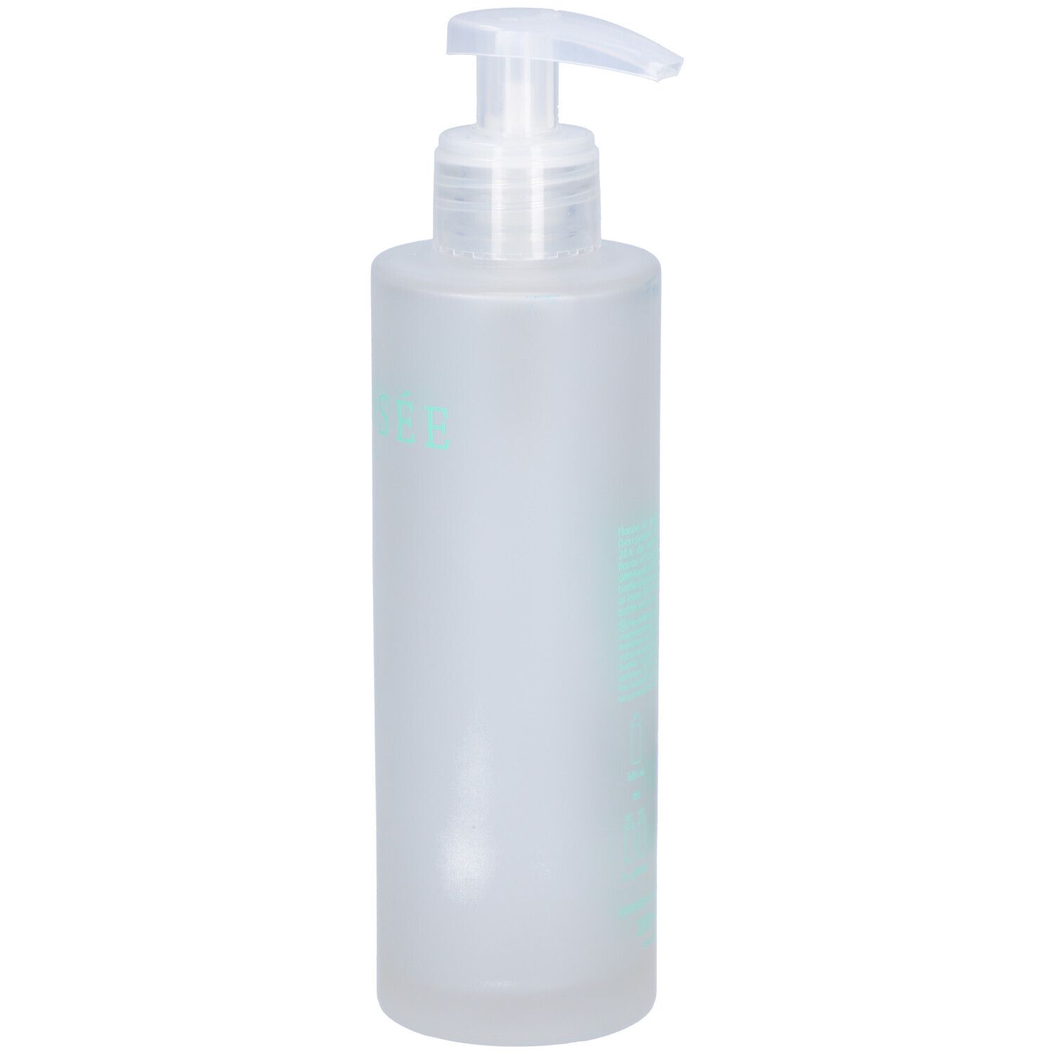 Flasche mit Dosierpumpe. Aufschrift "LA ROSEE" in Türkis. Mattiertes, durchscheinendes Material.