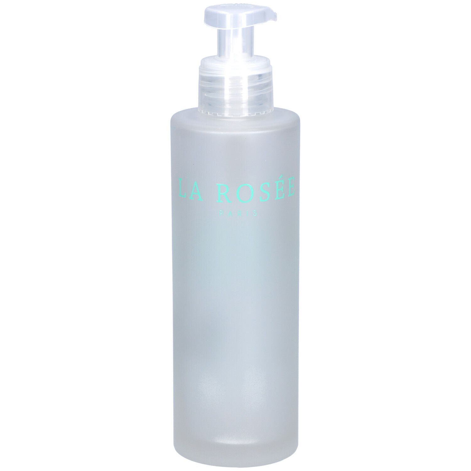 Flasche mit Dosierpumpe. Aufschrift "LA ROSEE" in Türkis. Mattiertes, durchscheinendes Material.