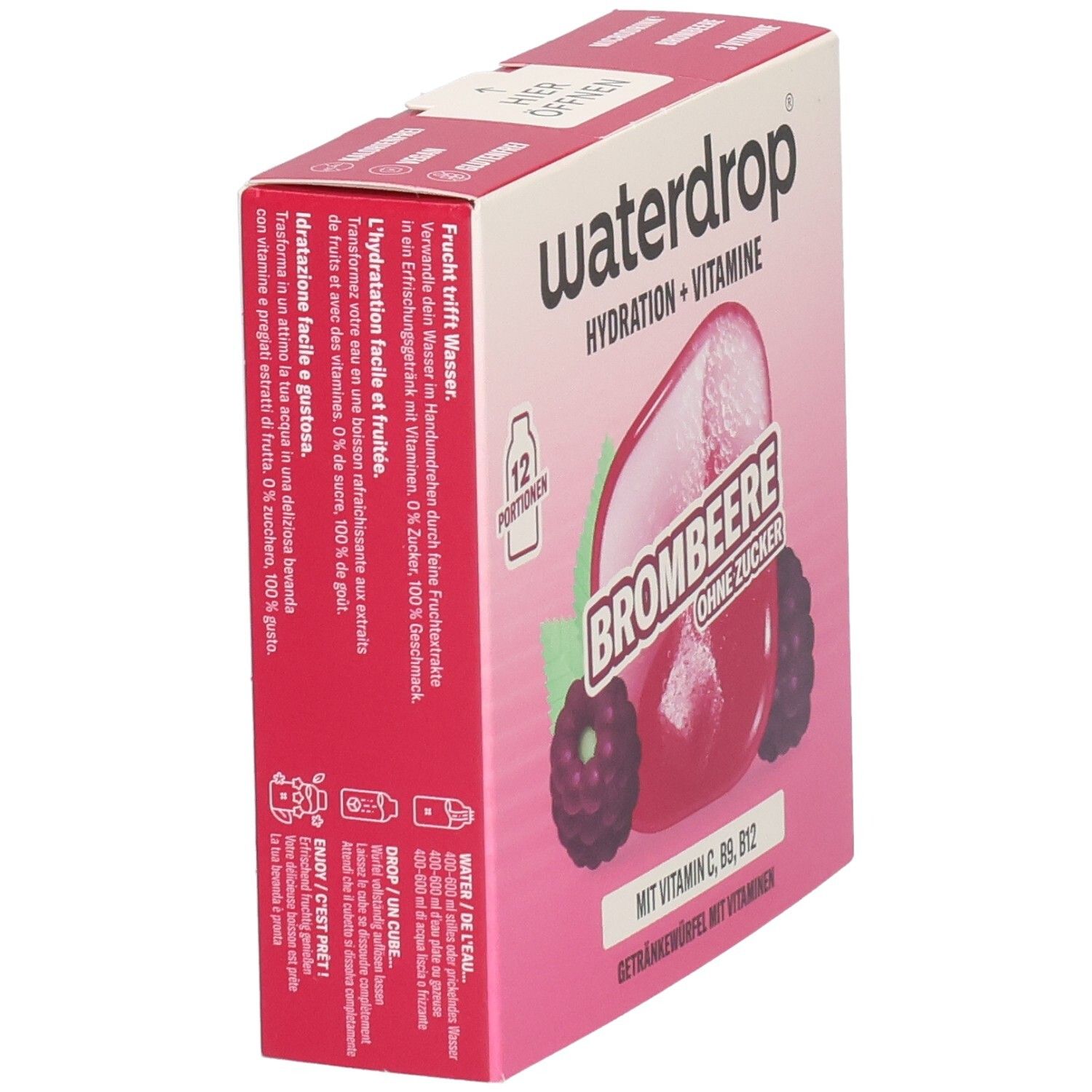 Waterdrop Brombeere: Seitenansicht der Verpackung mit 12 Portionen Getränkewürfel.