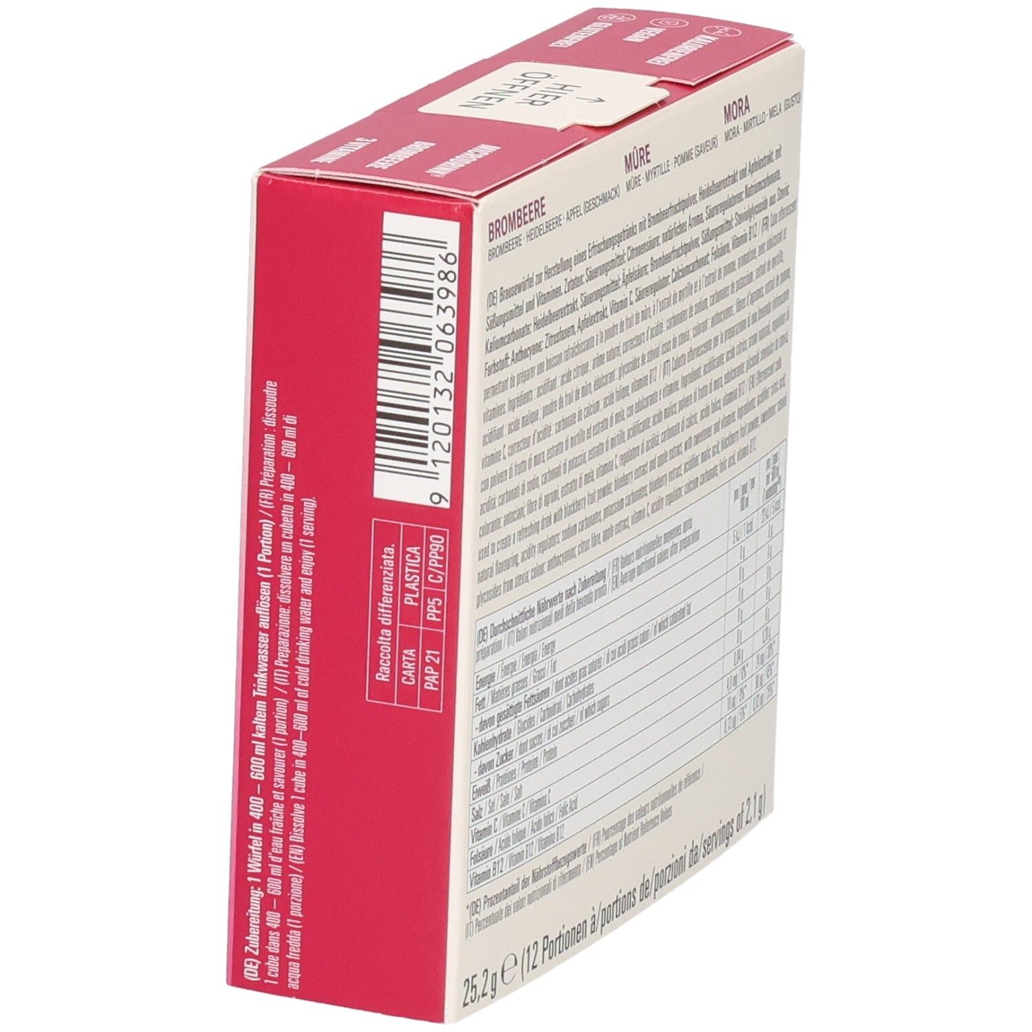 Waterdrop Brombeere: Seitenansicht der Verpackung mit Barcode und Produktinformationen.