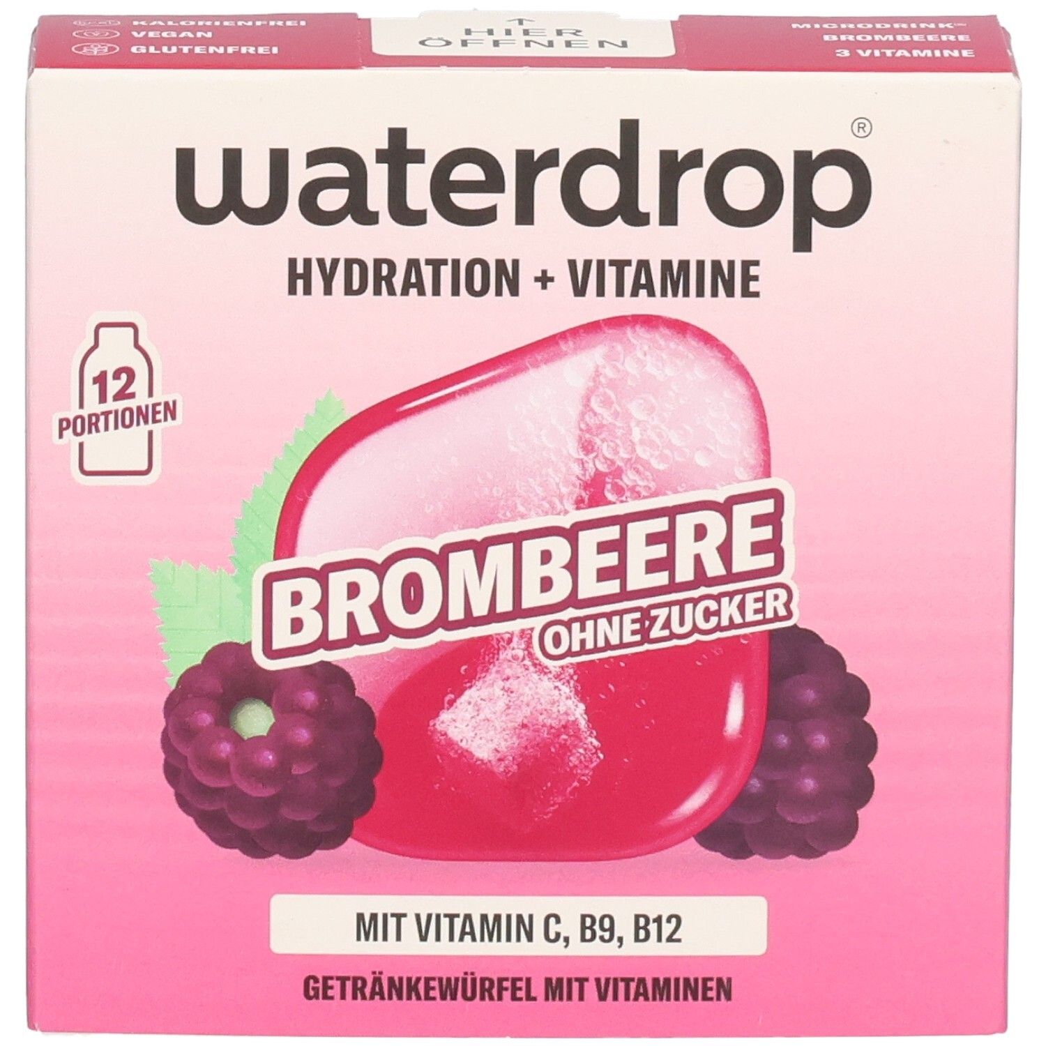 Waterdrop Brombeere: Vorderseite der Verpackung mit 12 Portionen Getränkewürfel.