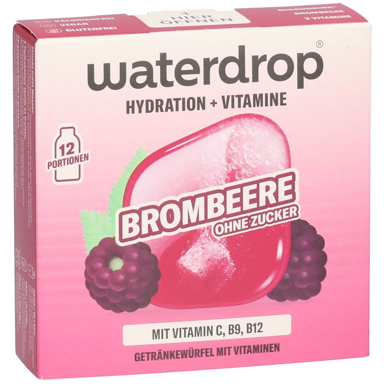 Waterdrop Brombeere: Verpackung mit 12 Portionen zuckerfreier Getränkewürfel mit Vitaminen.